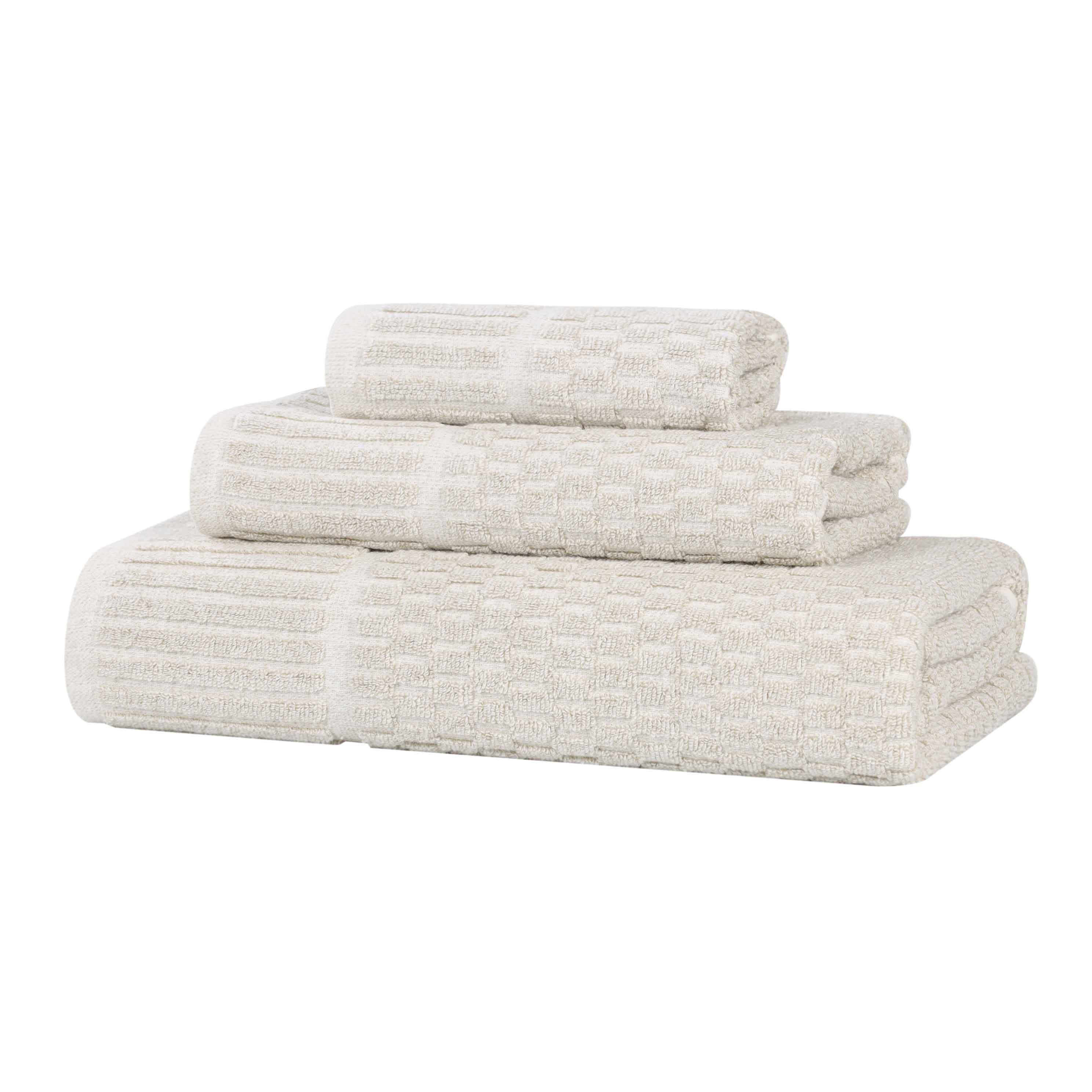 Premium Juno Cotton Blend Medium Weight Checkered Border 3-Piece Bath Towel Set - Soft, Absorbent & Quick-Drying for Bathroom, Spa & Guest Use