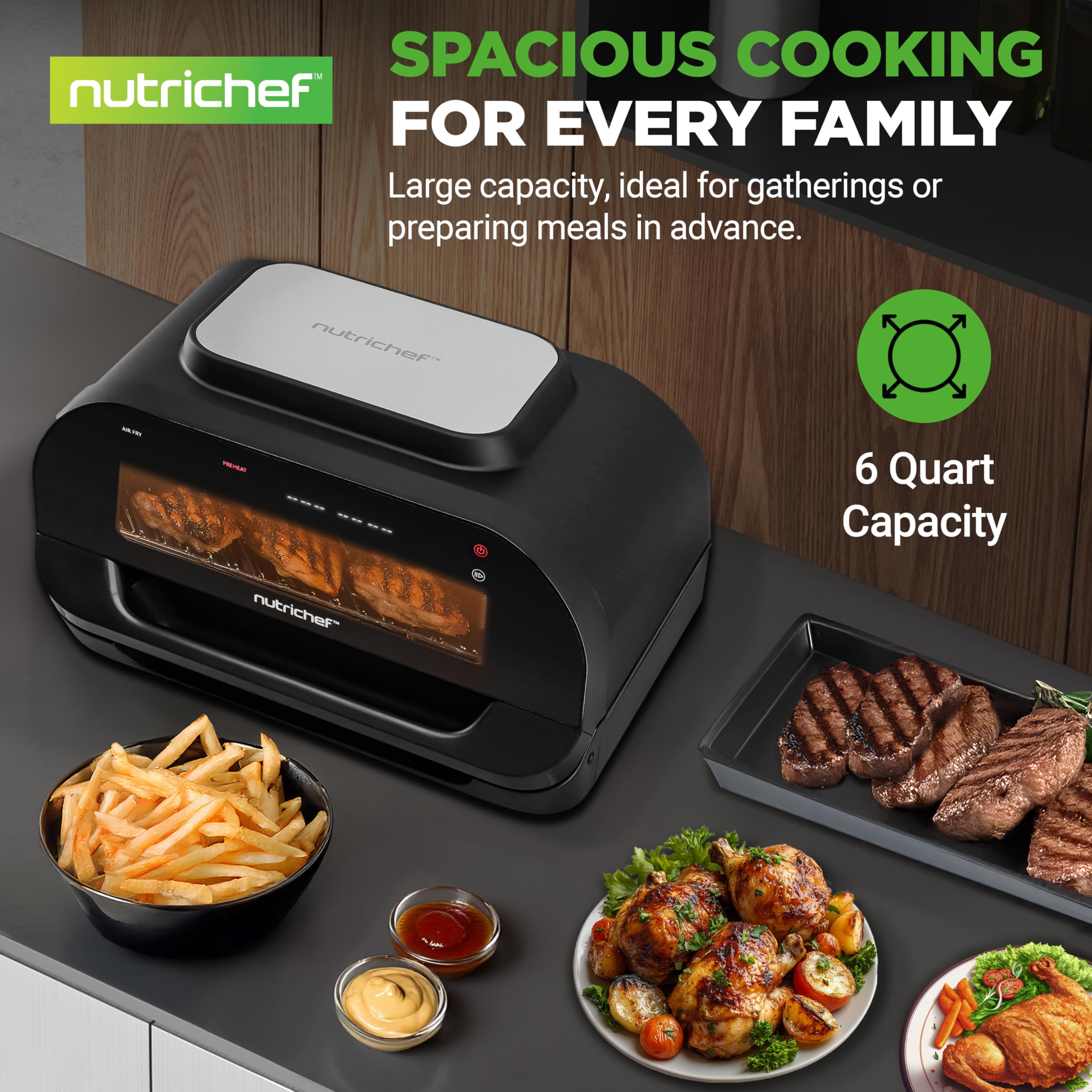 NutriChef Indoor Smokeless Grill & Air Fryer Combo - 7-in-1 Smart Electric Grill with 6L Capacity, Smart Thermometer & Precise Temp Control - Nonstick Removable Plates for Healthy Cooking - Perfect for Apartments, Small Kitchens & Family BBQs