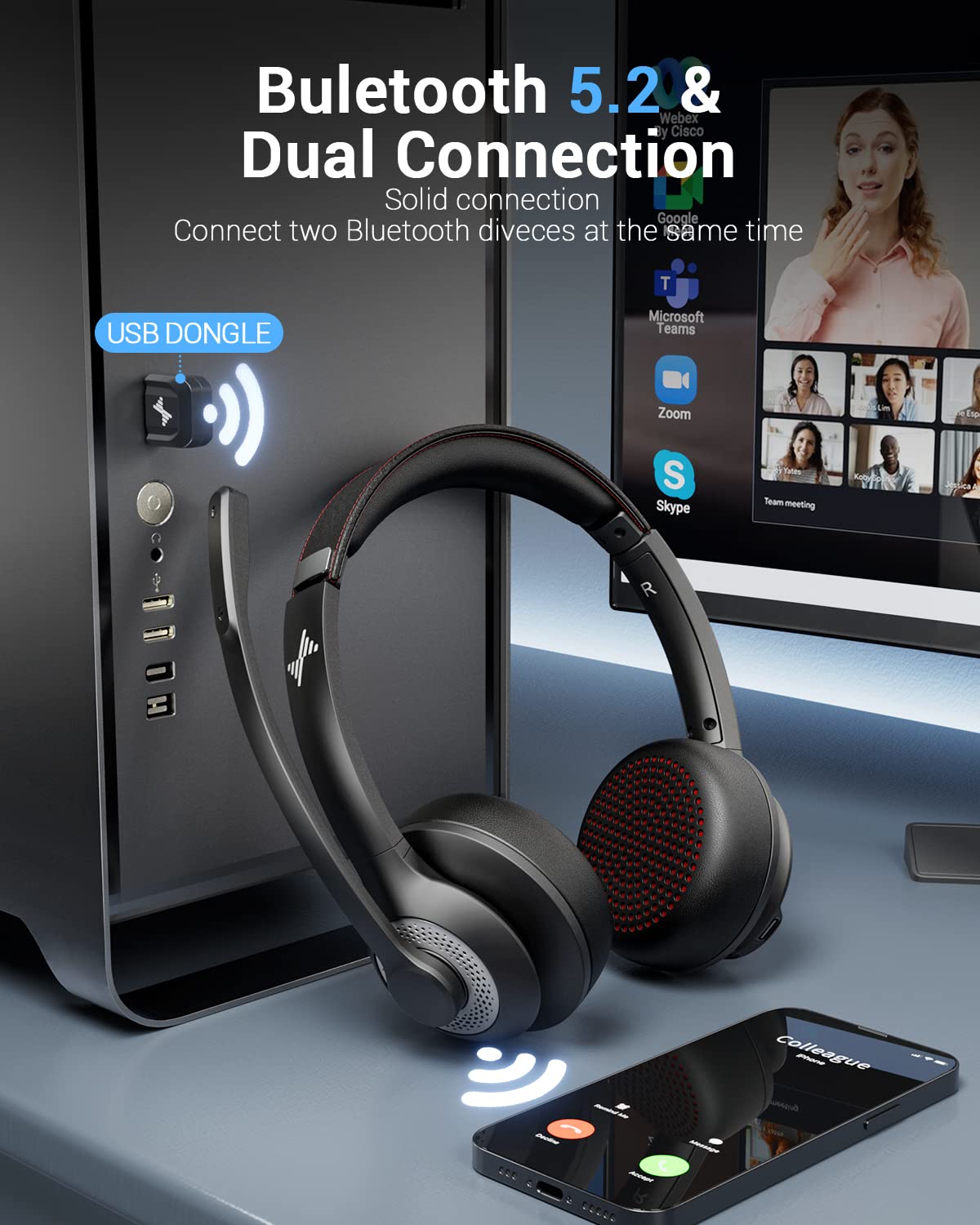 AI Noise Cancelling Wireless Bluetooth Headset V5.2 with USB Dongle & Mic Mute - Compatible with Computer, Laptop, PC, iPhone, Android, Cell Phones & Zoom Calls | Perfect for Home Office, Online Meetings, Gaming & Remote Work