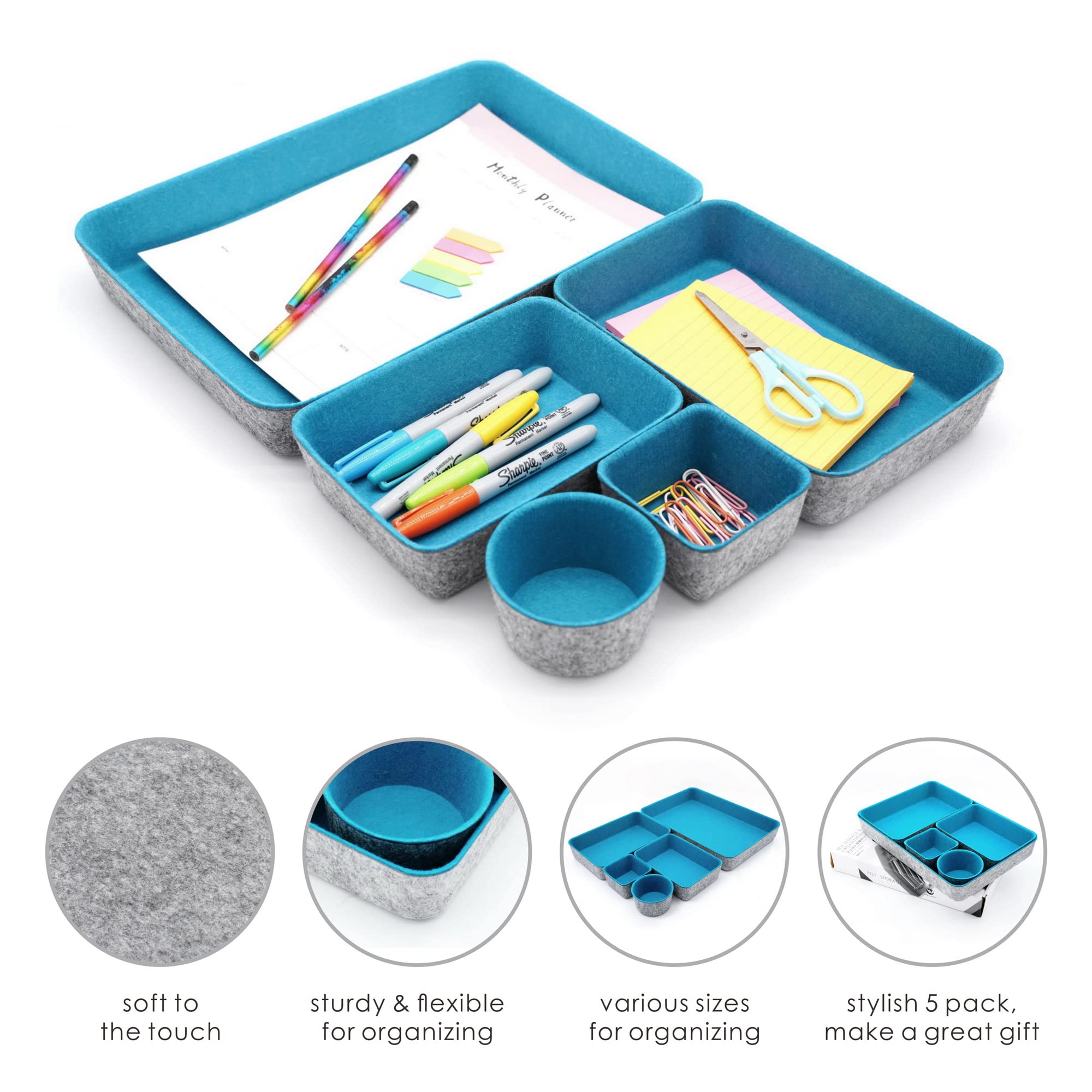 Welaxy 5-Piece Round Felt Desk Drawer Organizer Set - Turquoise Storage Bins for Office Paper, Letters, Documents, Magazines & Files - Perfect for Home, Office & Workspace Organization
