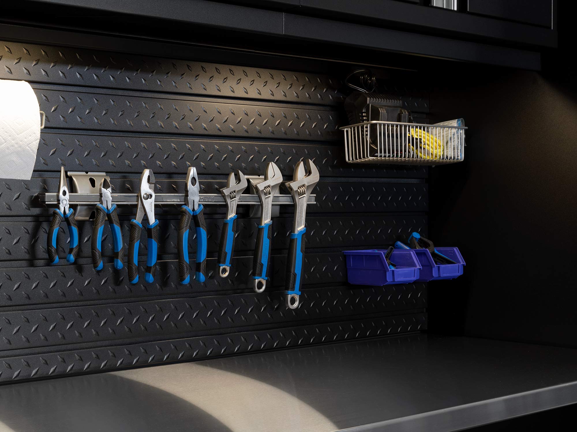 NewAge Products Pro Series 56-Inch x 24.5-Inch Black Diamond Plate Slatwall Backsplash | Heavy Duty Steel Garage Wall Organizer | Perfect for Garage Storage, Workshop Organization & Tool Display (Model 51716)