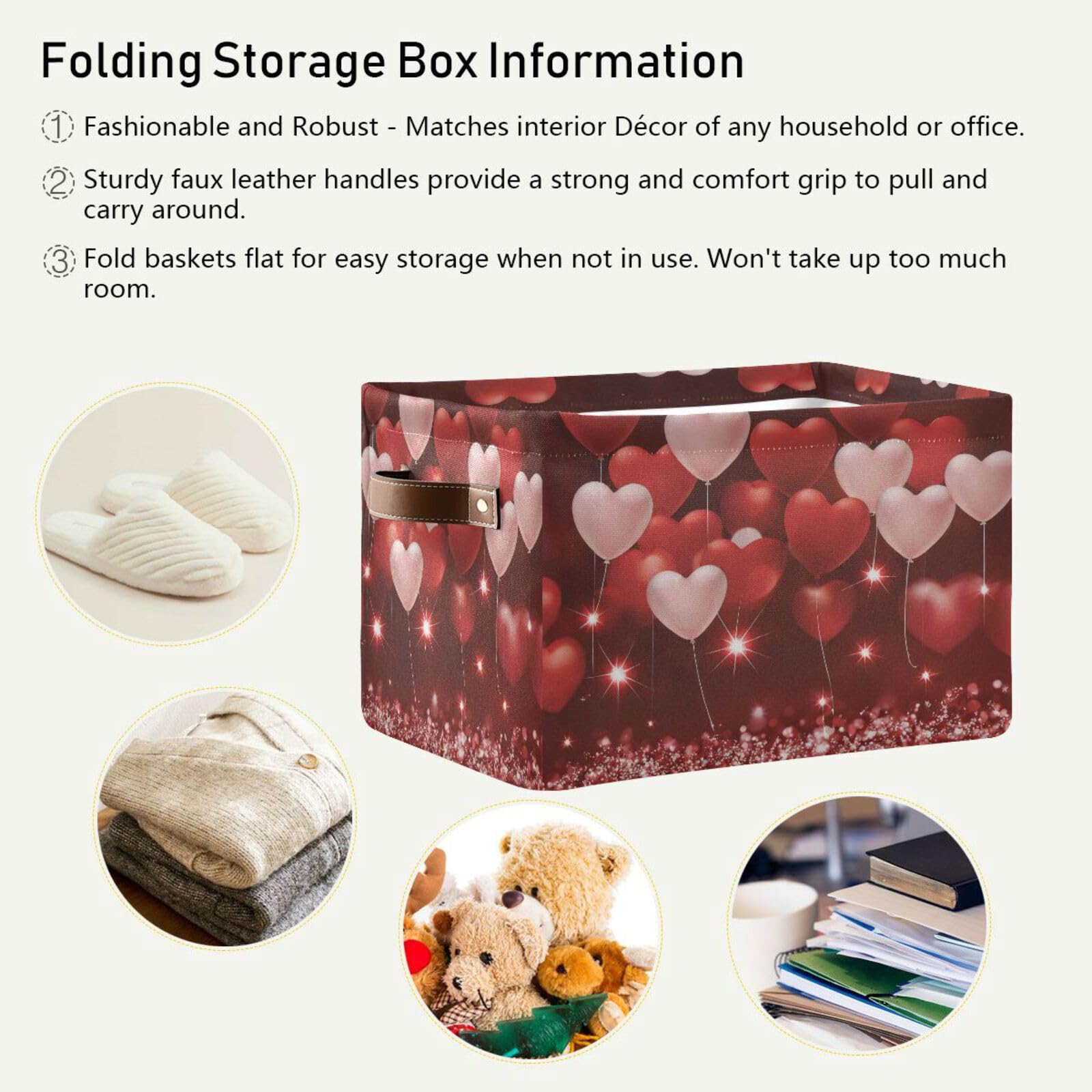 2-Pack Valentine's Day Heart Balloon Fabric Storage Bins with Handles - Closet Organizer Baskets for Clothes, Toys & Home Decor - Perfect for Bedroom, Nursery & Gift Giving