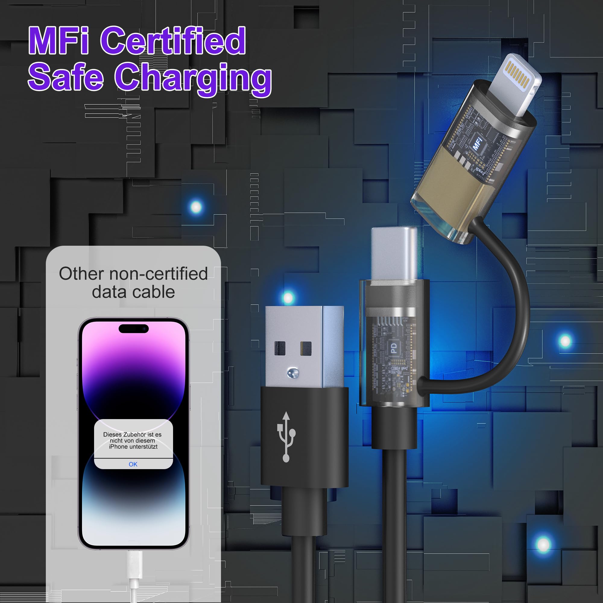 2-in-1 USB to USB-C & Lightning Coiled Cable - 3A Fast Charging & Data Sync for iPhone 15/14/13/12 & Android - 3FT Short Curly Cable (Supports Apple CarPlay & Android Auto) - Perfect for Car Charging, Home & Office Use