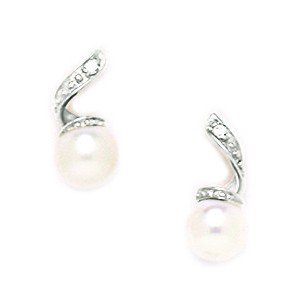 14K White Gold 5x5mm Freshwater Cultured Pearl & CZ Drop Earrings for Women - Screw Back Stud Earrings, Elegant Dangle Jewelry Gift for Wedding, Party & Special Occasions