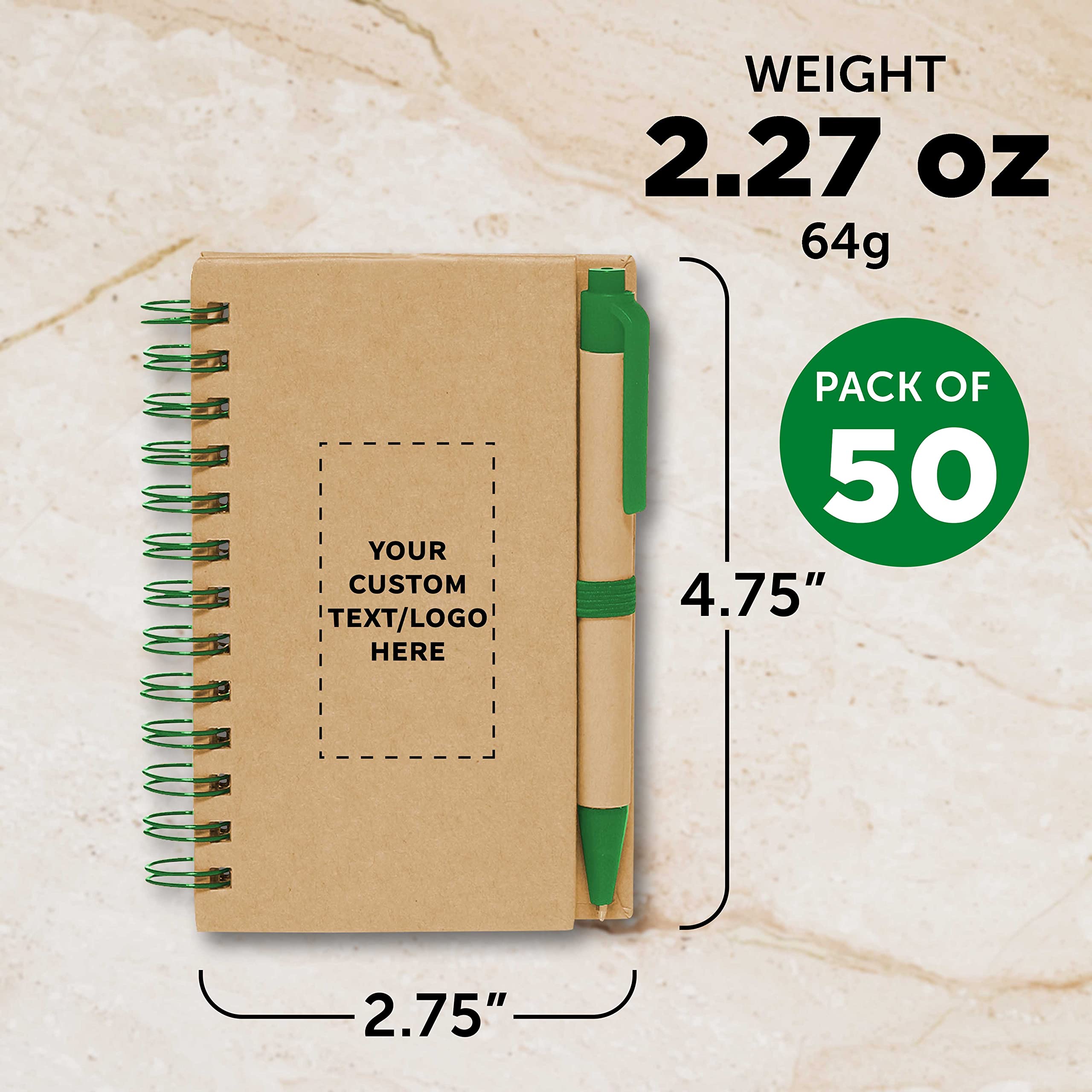 Custom Mini Spiral Notebooks with Black Ink Pens - 50-Pack Bulk Personalized Notepad Set for School, Office & Business | Compact Writing Journals for Students, Professionals & Home Use | Eco-Friendly Green Design