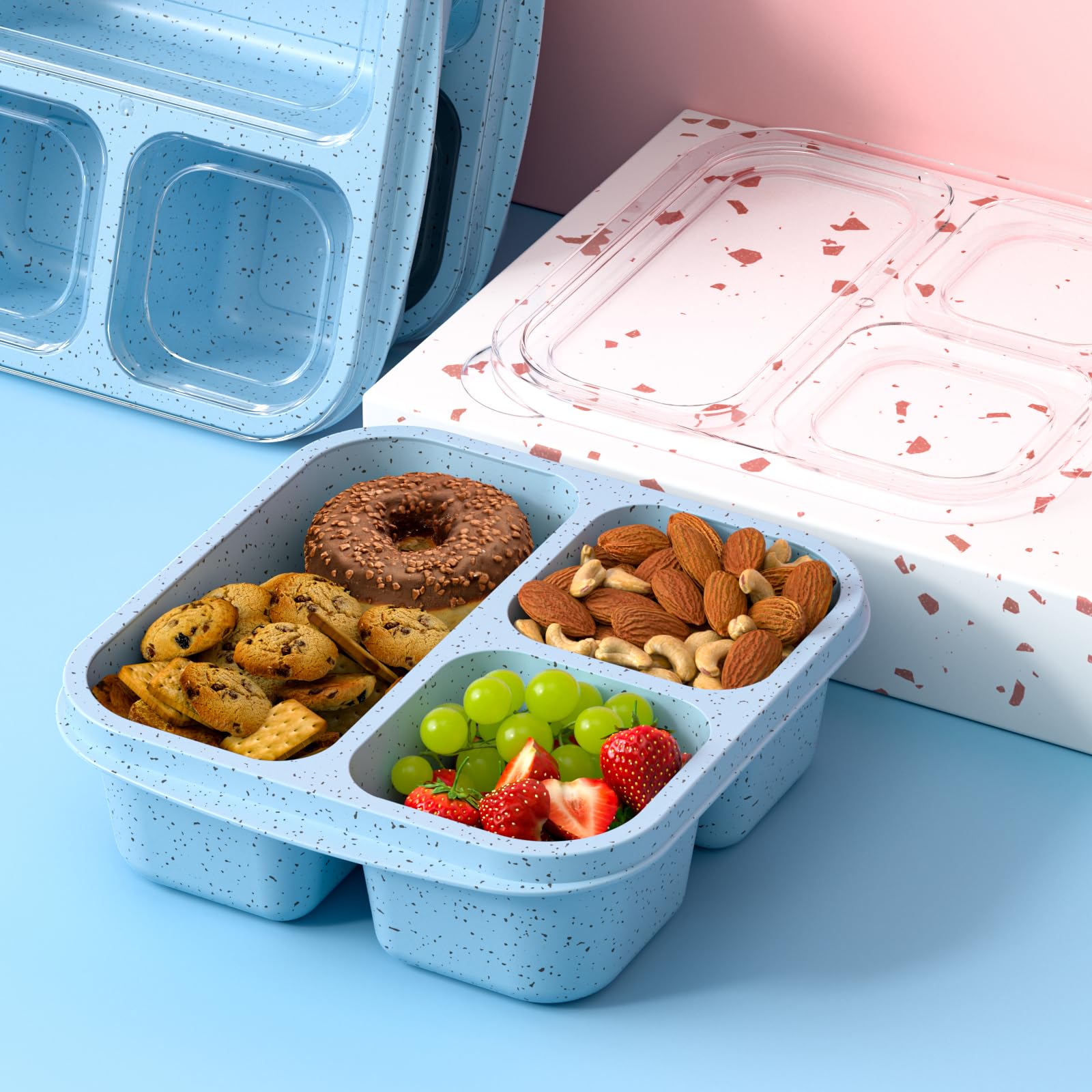 Stackable Bento Box (3-Pack) - 3-Compartment Reusable Lunch Containers for Kids & Adults | Meal Prep & On-the-Go