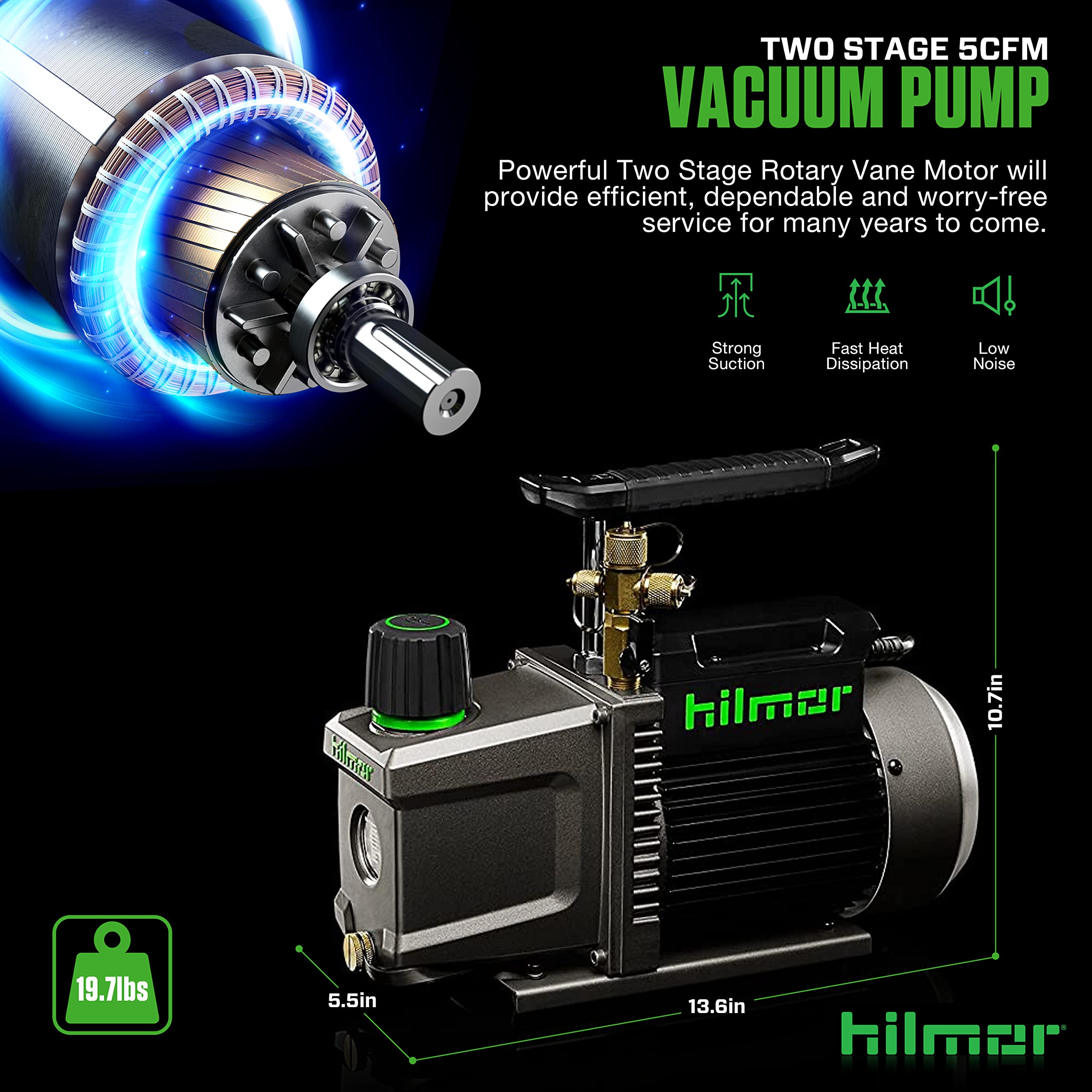 Hilmor 1948121 5 CFM HVAC Vacuum Pump - 120V, 1/2 HP, 11 oz Oil Capacity - Professional HVAC Tools & Equipment for AC Repair, Refrigeration, and Air Conditioning Systems