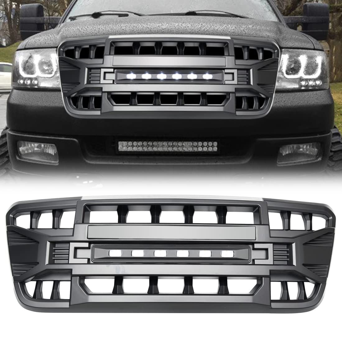 2004-2008 Ford F150 Matte Black Front Bumper Grille with Off-Road Lights | Heavy Duty Replacement Grill Compatible with F-150 | Perfect for Off-Roading, Truck Customization & Car Upgrades