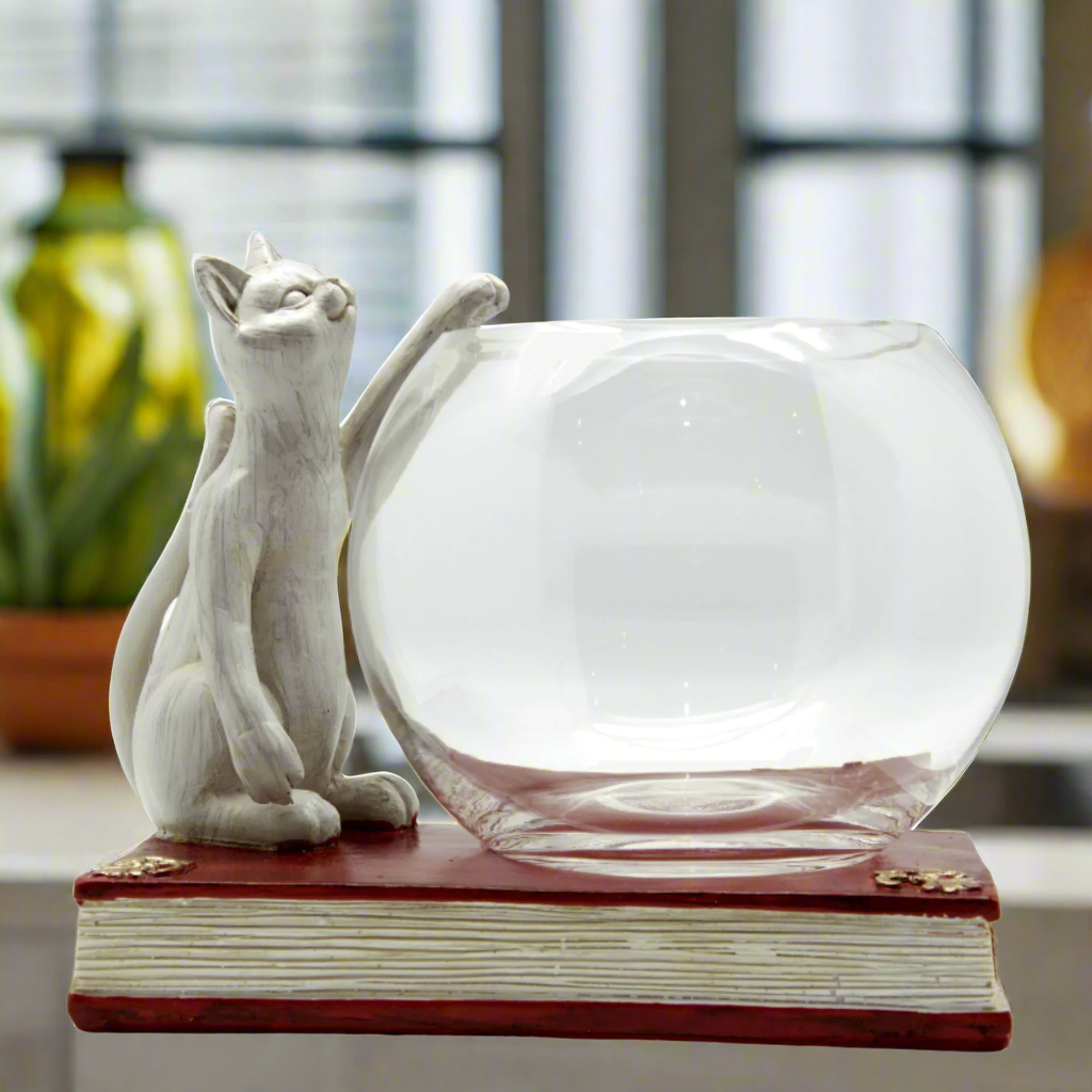 Handmade Cat with Fish Bowl Figurine - Cute Home Decor for Living Room, Office & Gift Ideas