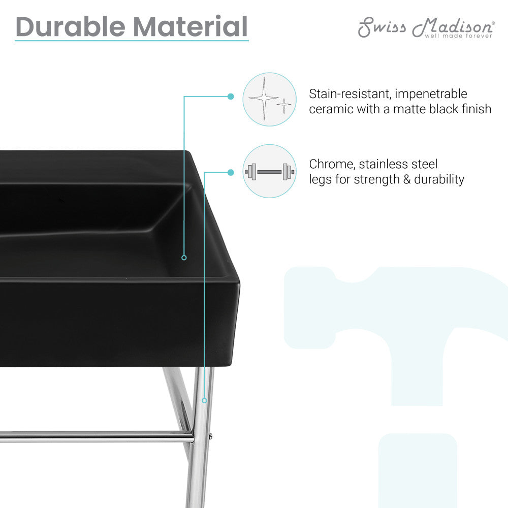 Claire 30-Inch Ceramic Console Sink with Matte Black Basin & Chrome Legs - Modern Bathroom Vanity for Powder Room, Guest Bath, or Farmhouse Style Decor