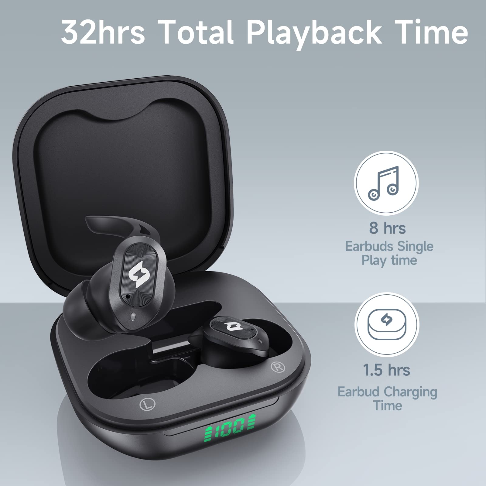Wireless Bluetooth Earbuds with Wireless Charging Case, 32H Playtime, LED Display, IPX7 Waterproof, Built-in Mic, Stereo Bass - Compatible with iPhone Samsung Android - Perfect for Gym, Workout, Running, Sports & TV Watching
