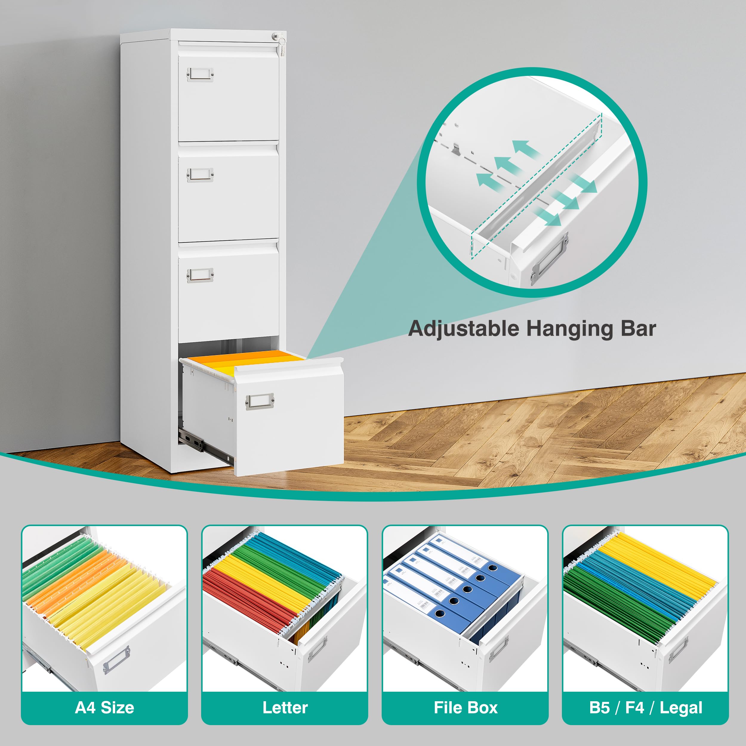 SESESOL 4-Drawer Locking Vertical File Cabinet - Stainless Steel Metal Filing Cabinet for Home & Office Organization - Letter/A4/Legal Size Storage - Perfect for Document Management & Workspace Organization