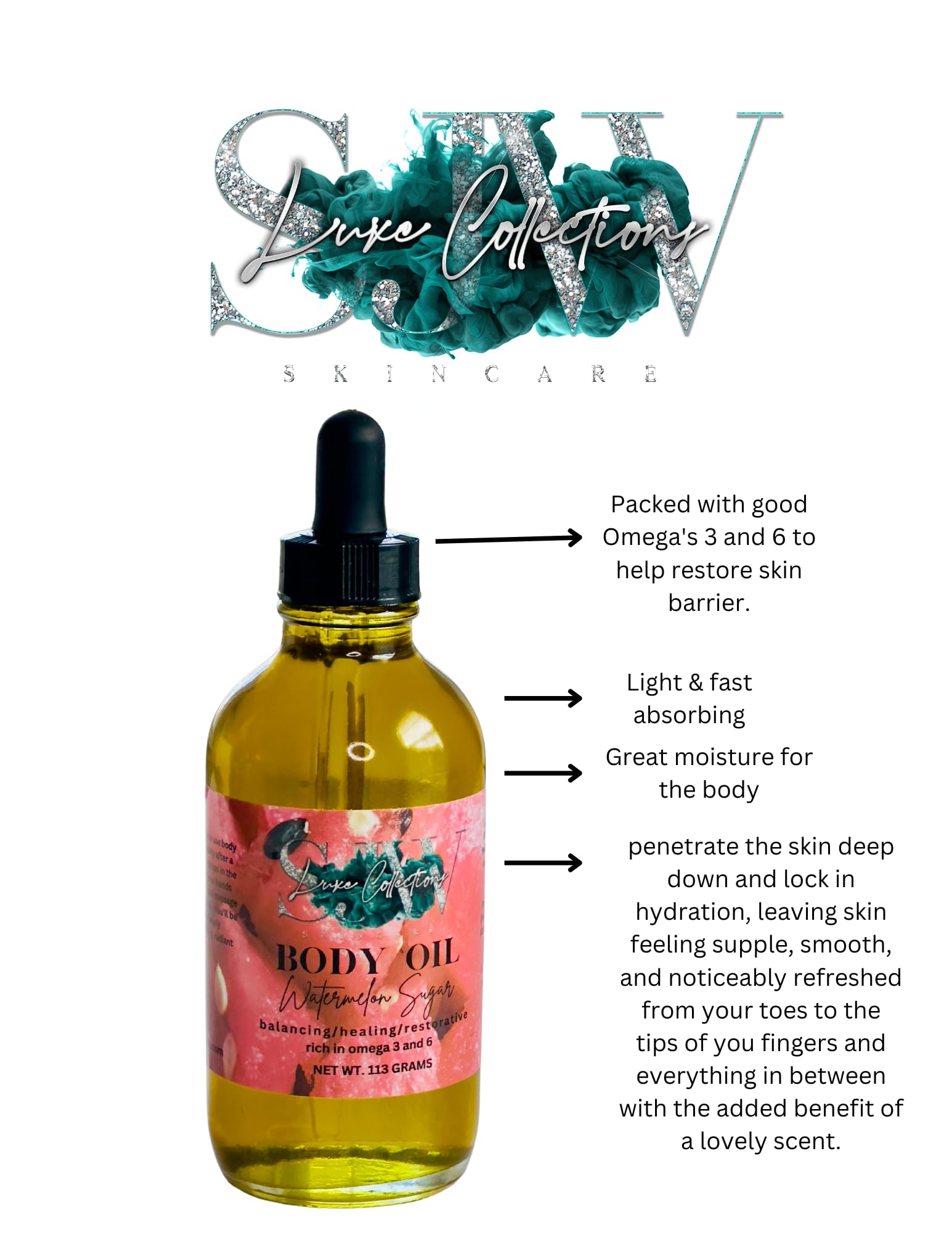 Watermelon Sugar Body Oil - Hydrating & Glowing Skin Moisturizer for Dry Skin | Natural & Vegan Body Oil for Massage, After Shower & Daily Skincare Routine