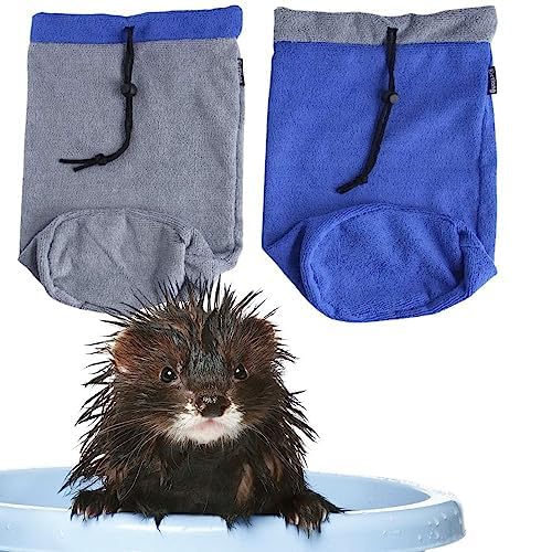 2PC Ferret Bath Towel Bag - Super Absorbent & Quick Drying Small Animal Bathrobe with Adjustable Drawstring for Ferrets, Chinchillas, Guinea Pigs (Blue & Grey) - Perfect for Post-Bath Drying & Cage Comfort