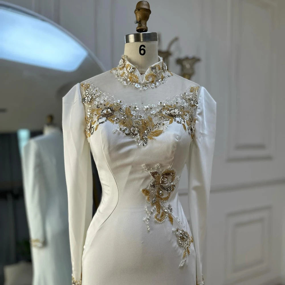 Luxury Dubai Arabic White Beaded Satin Saudi Mermaid Evening Dress Gown for Women - Formal Occasion Wedding Party Prom LA72815 | Elegant Long Sleeve Bridal Gown for Special Events