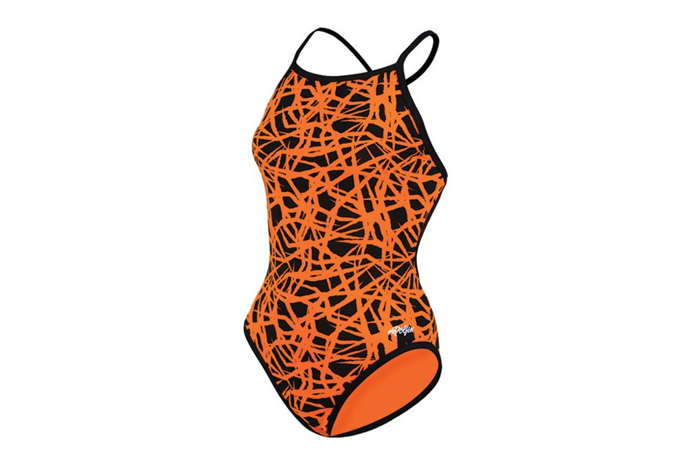 DOLFIN Women's Cross Back One Piece Swimsuit with Tracks Print - Chloroban Fabric, Orange, Size 32 - Perfect for Beach, Pool & Summer Vacations