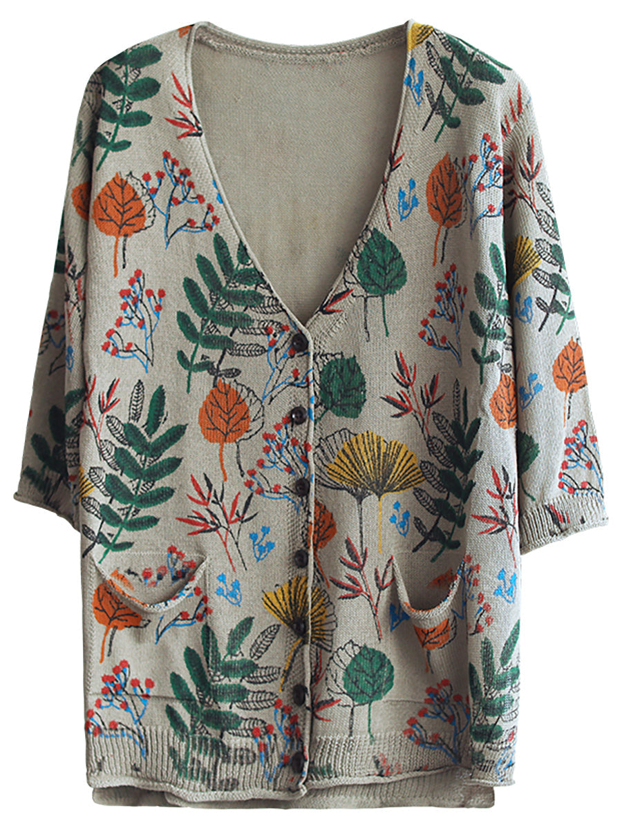 Leaf Print Half Sleeve Women's Knitted Top - Casual Boho Chic Shirt for Spring & Summer Outfits, Beach Wear and Date Nights
