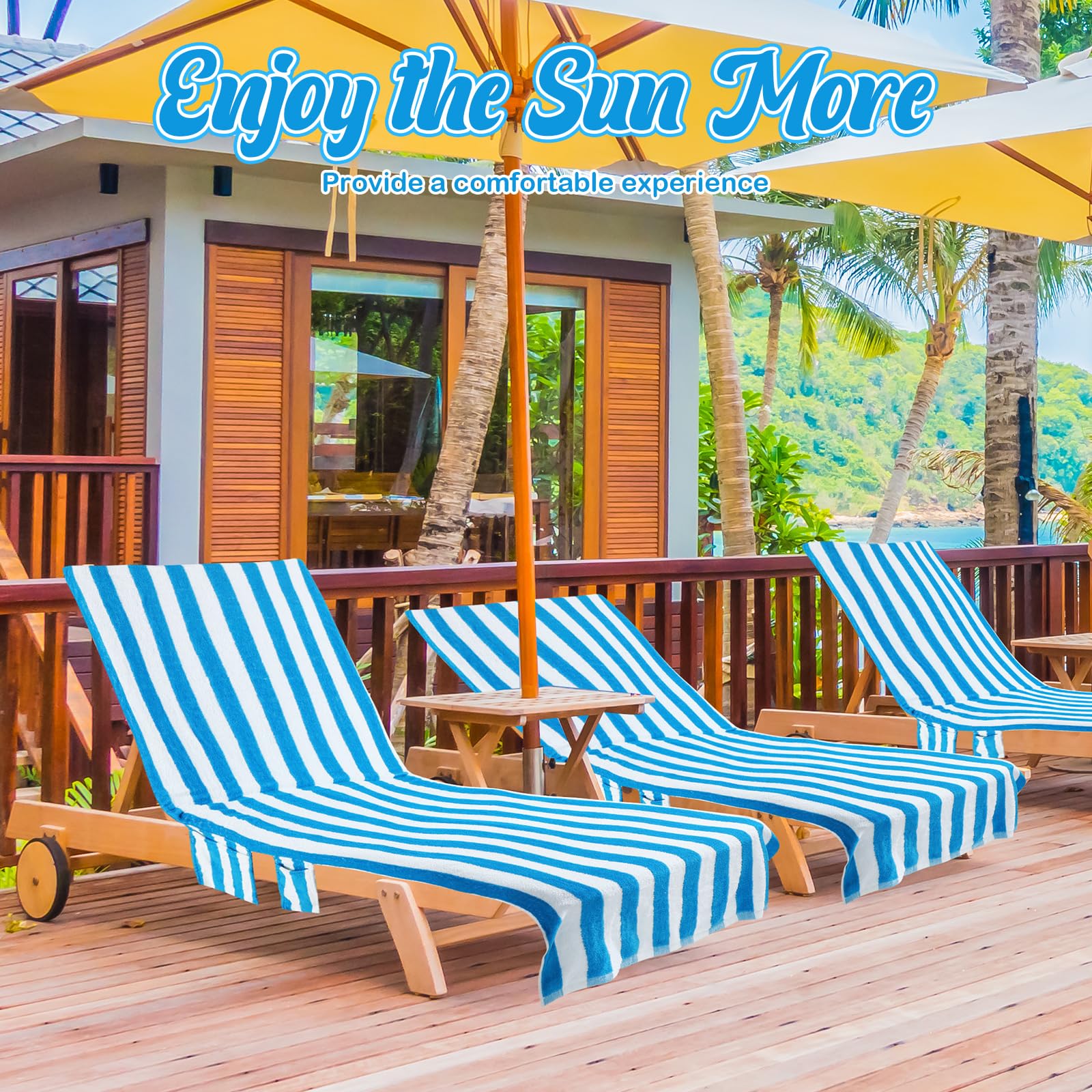 6-Piece Striped Lounge Chair Towel Covers 30x85 Inch - Large Pool Chaise Cushion Covers with Top & Side Pockets - Waterproof Outdoor Furniture Protector for Beach, Poolside, Patio (Blue) - Perfect for Summer Relaxation by the Pool or Seaside Lounging