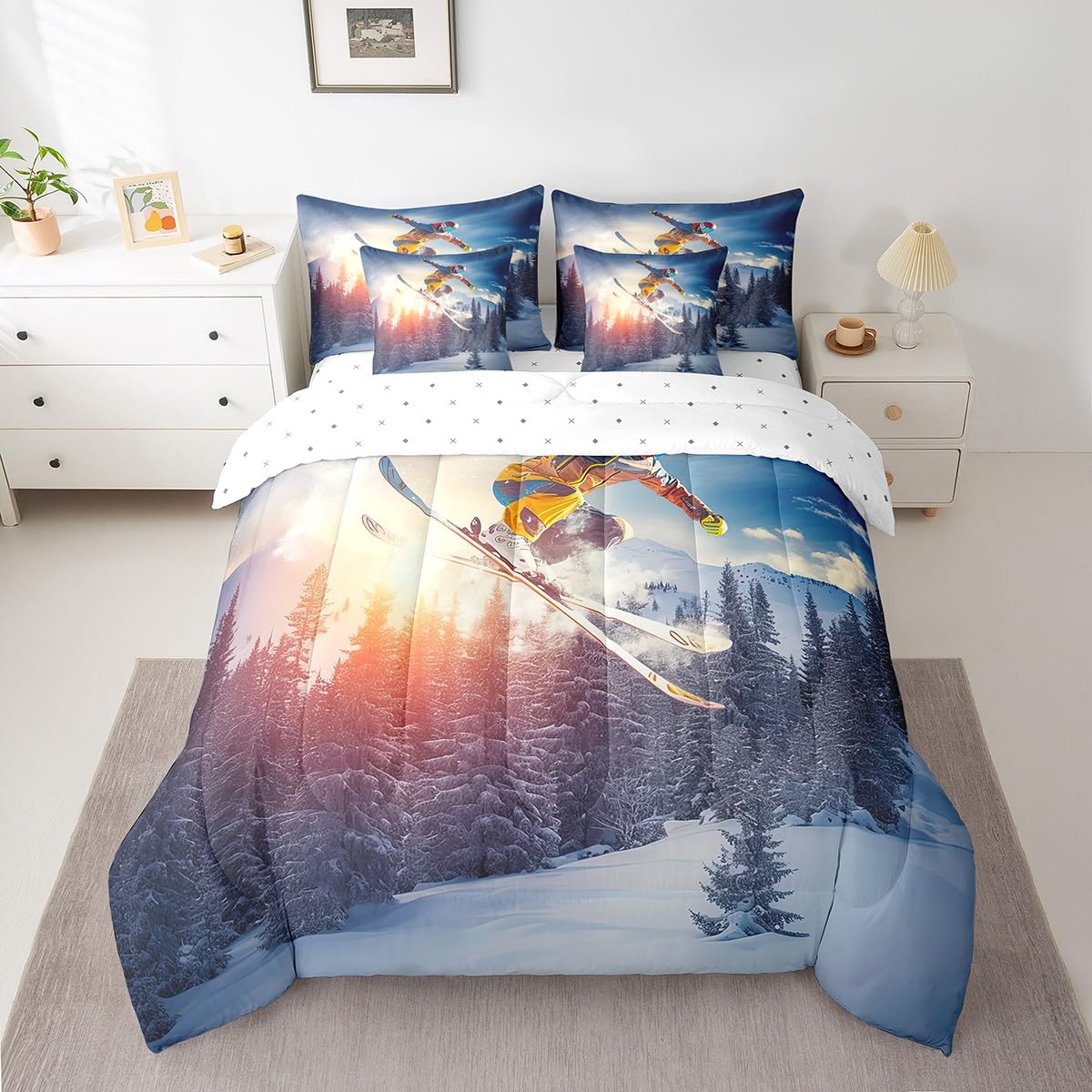 Boys Skiing Comforter Set - 7 Piece Extreme Sport Queen Bed in a Bag | Snow Field Ski & Skate All Season Bedding Set with Comforter, Sheets & Pillowcases | Perfect for Winter Sports Enthusiasts & Kids' Adventure-Themed Bedrooms