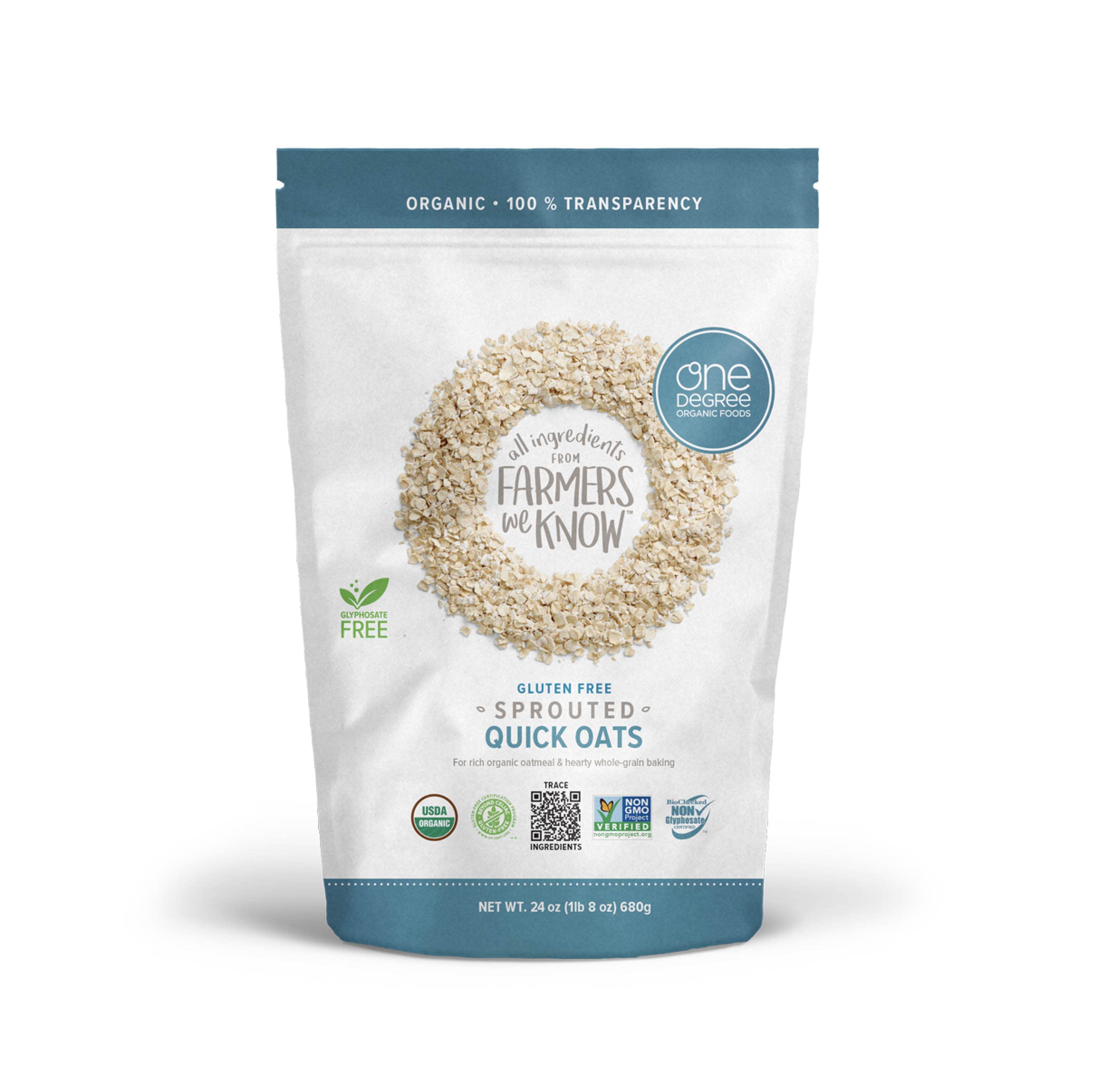One Degree Organic Foods Sprouted Quick Oats - USDA Organic, Non-GMO, Gluten Free Oatmeal (24 oz, 8 Pack) | Healthy Breakfast & Baking Ingredient for Smoothies, Cookies & Overnight Oats
