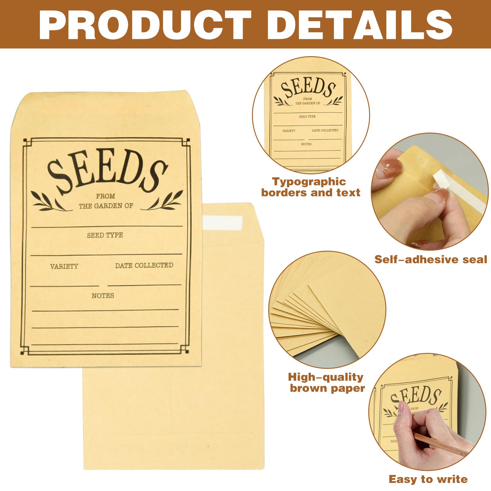 100Pcs Resealable Brown Paper Seed Envelopes - 3.1x4.7 Inch Self-Adhesive Seed Packets for Storing Vegetable & Flower Seeds | Perfect for Gardeners, Seed Swapping & Organizing Seeds Collection