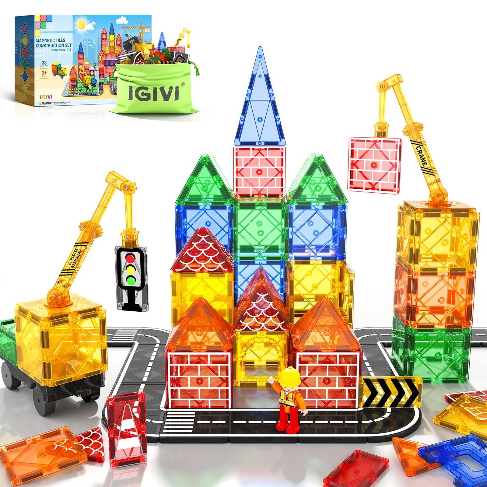 Magnetic Building Blocks Set with Road Tiles & Crane Car - STEM Construction Toys for Kids Ages 3-8, Creative Educational Toys for Toddlers - Perfect Gift for 3+ Year Old Boys & Girls - Great for Classroom, Playroom & Birthday Parties