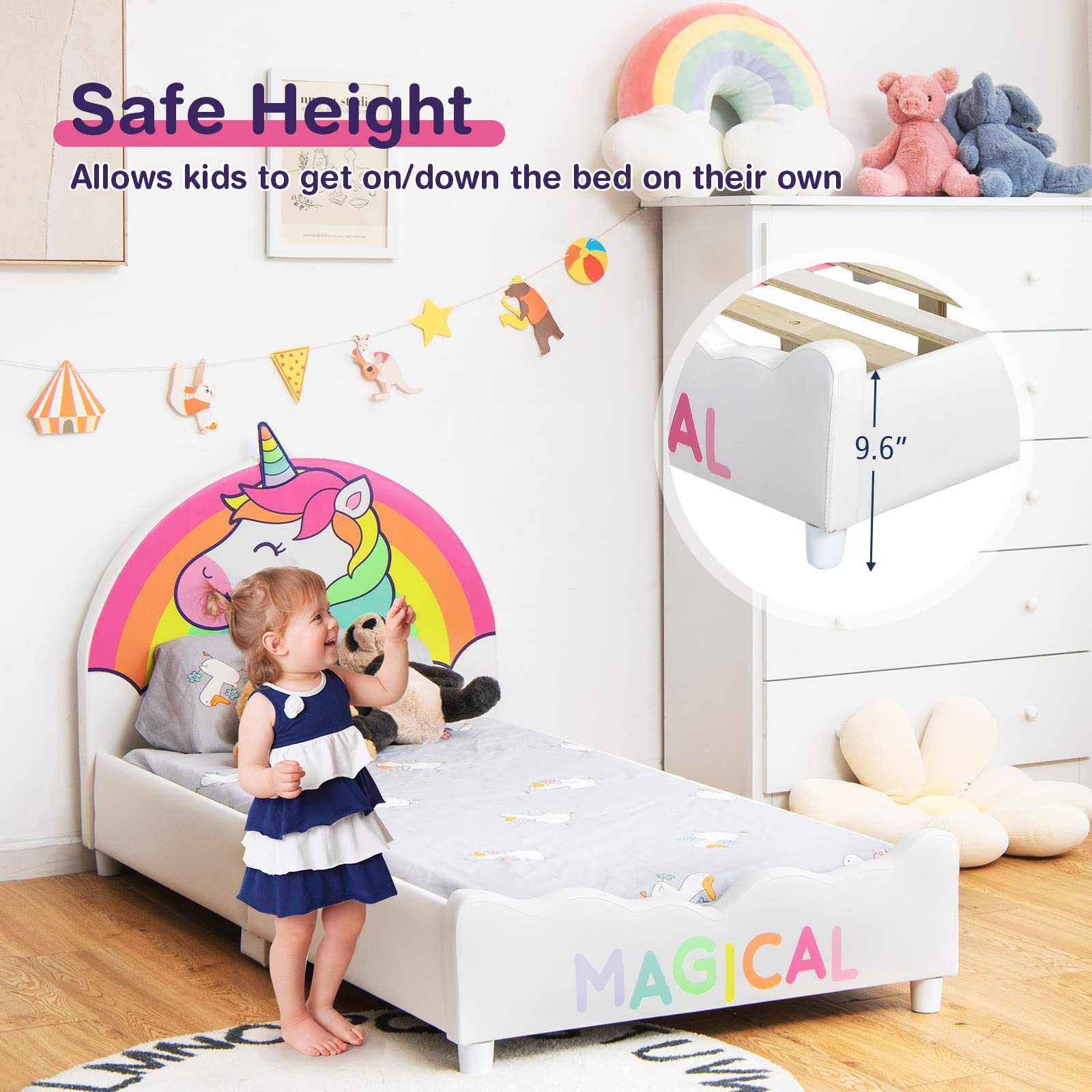 HONEY JOY Twin Bed Frame for Kids - Sturdy Wooden Platform Bed with Headboard & Slat Support, No Box Spring Needed - Perfect for Boys & Girls Bedroom - Fits Standard Twin Mattress - Unicorn Themed Kids Furniture for Playrooms & Sleepovers