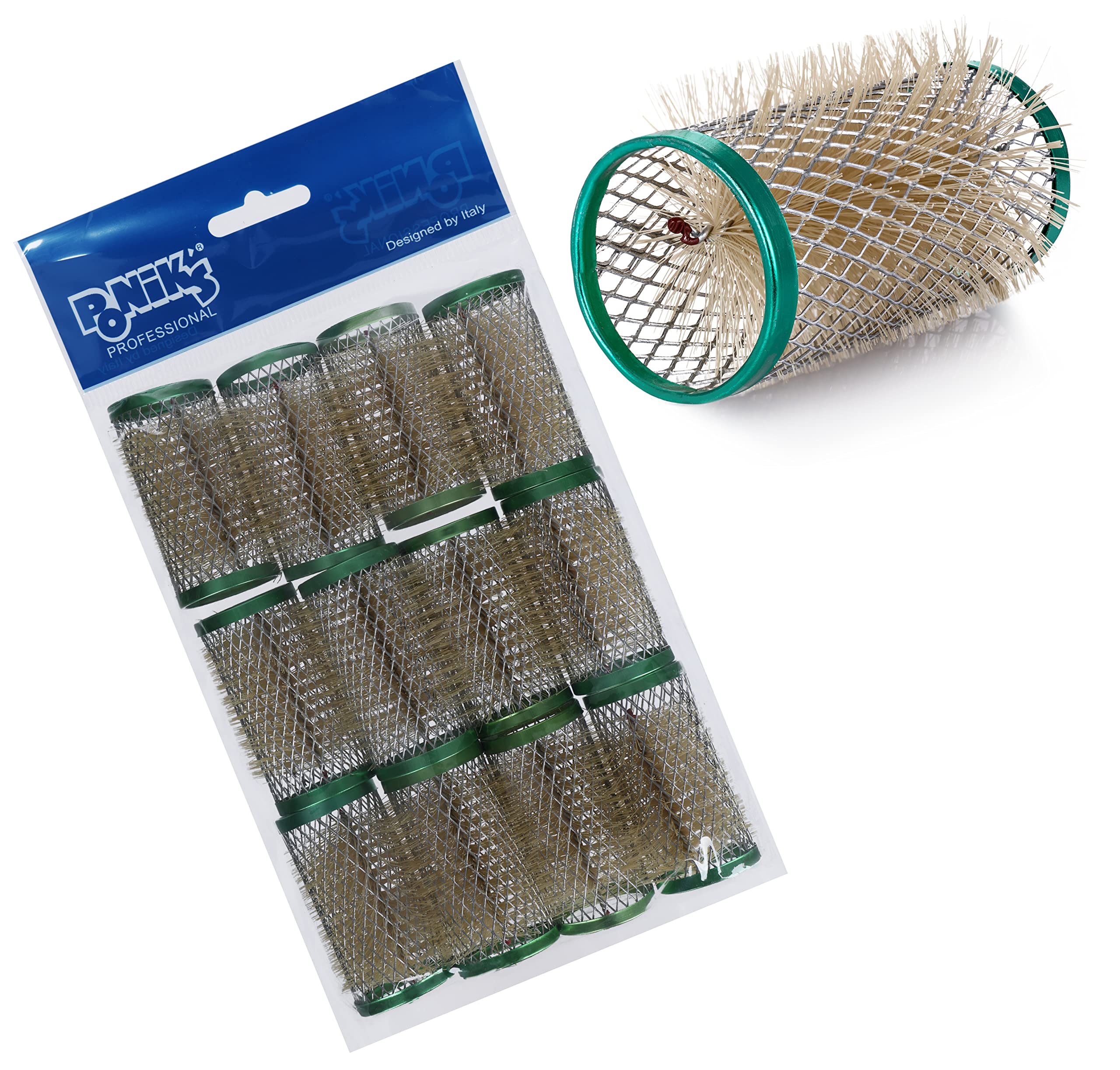 Ponik's Professional 32mm Metal Wire Rollers with Bristles - 12 Piece Hair Curling Set (Green) - Perfect for Salon Styling, Home Hair Care & DIY Beauty Treatments