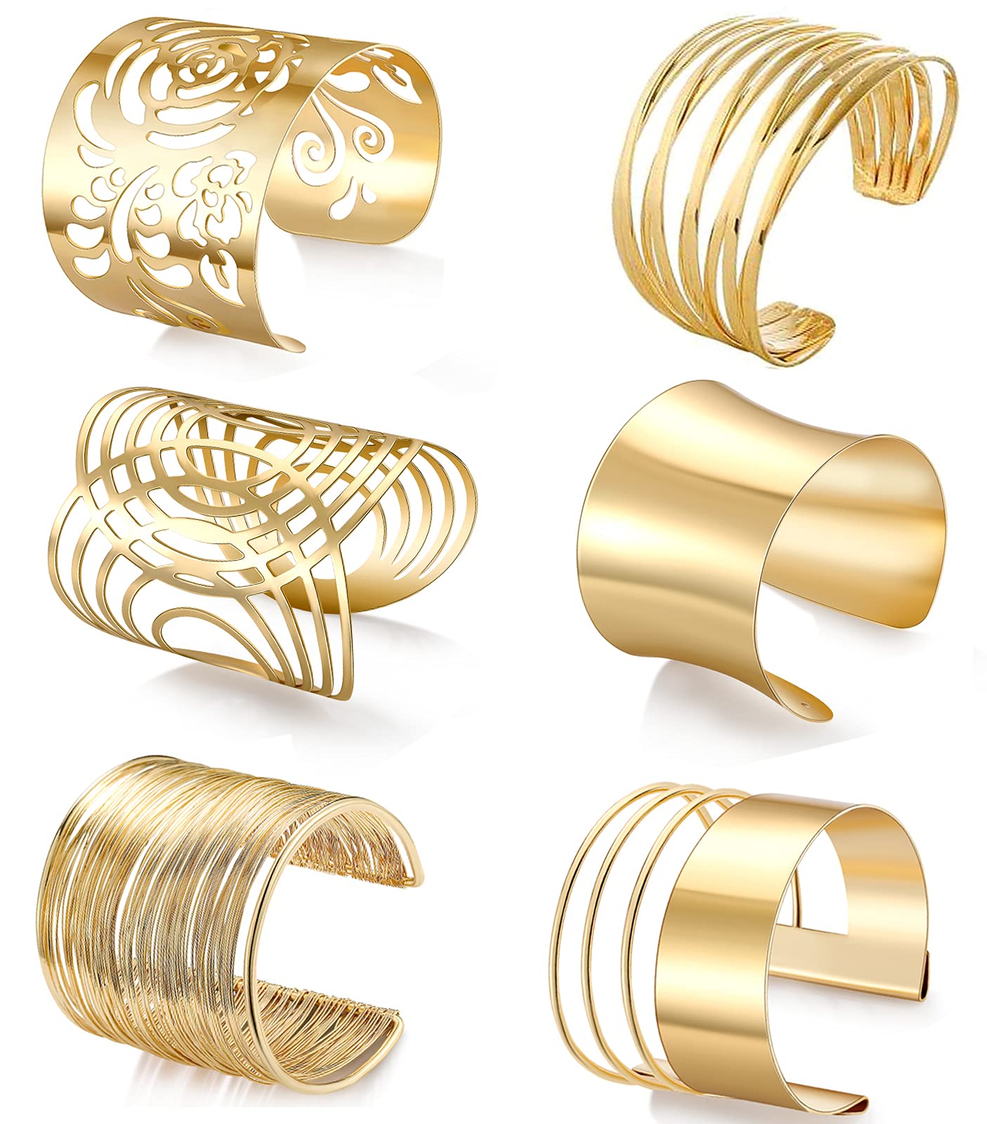 Jewdreamer 6Pcs Gold & Silver-Tone Adjustable Cuff Bangle Bracelets for Women - Open Wide Wire Wrap Wrist Cuff Bracelet Set | Perfect for Parties, Weddings & Everyday Fashion Accessories