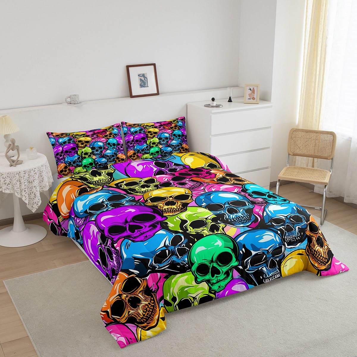 **Vibrant Sugar Skull Bedding Set - Gothic Skeleton Comforter with 2 Pillowcases - Queen Size Halloween Themed Bedroom Decor for Kids & Boys - Perfect for Spooky Room Makeovers & Themed Parties**
