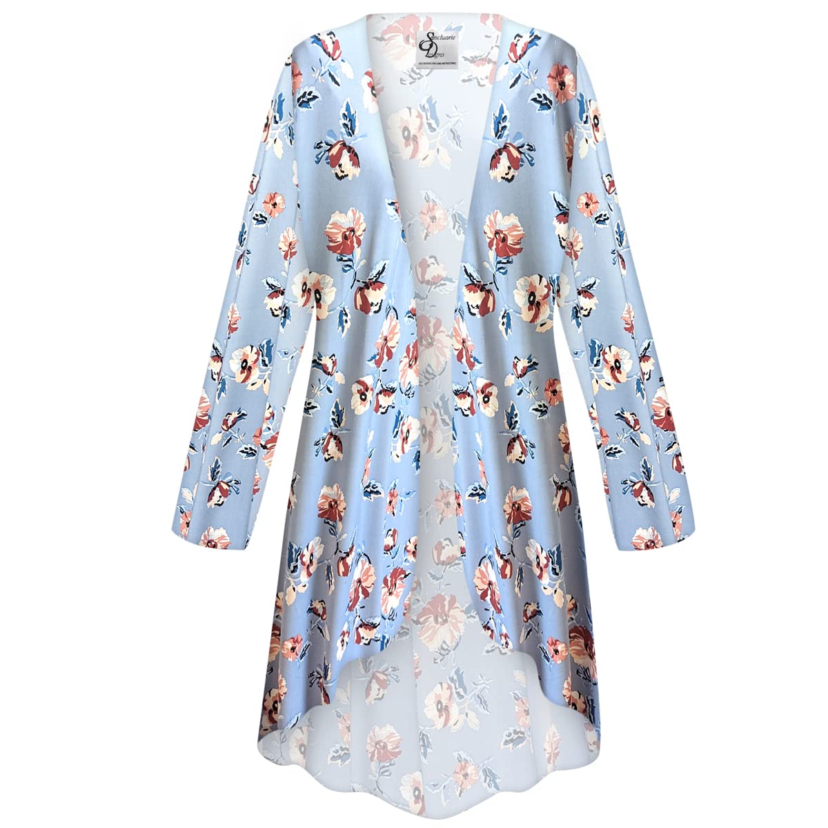 Sanctuarie Designs Plus Size Women's Lightweight Long Duster Cardigan - Blue Fields Print Slinky Cascading Cover-Up for Casual Wear, Office & Layering Outfits