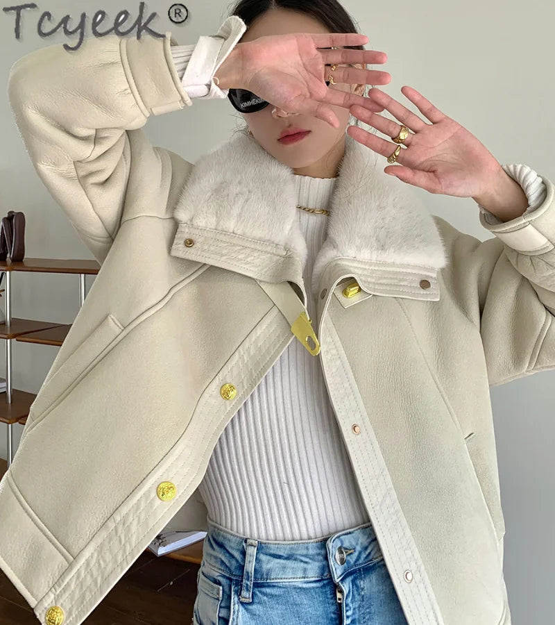 2023 Women's Natural Sheepskin Leather Jacket with 100% Real Mink Fur Lining - Winter Shearling Coat for Women (Style Gxy1207) | Warm & Stylish Outerwear for Cold Weather, Date Nights & Winter Travel