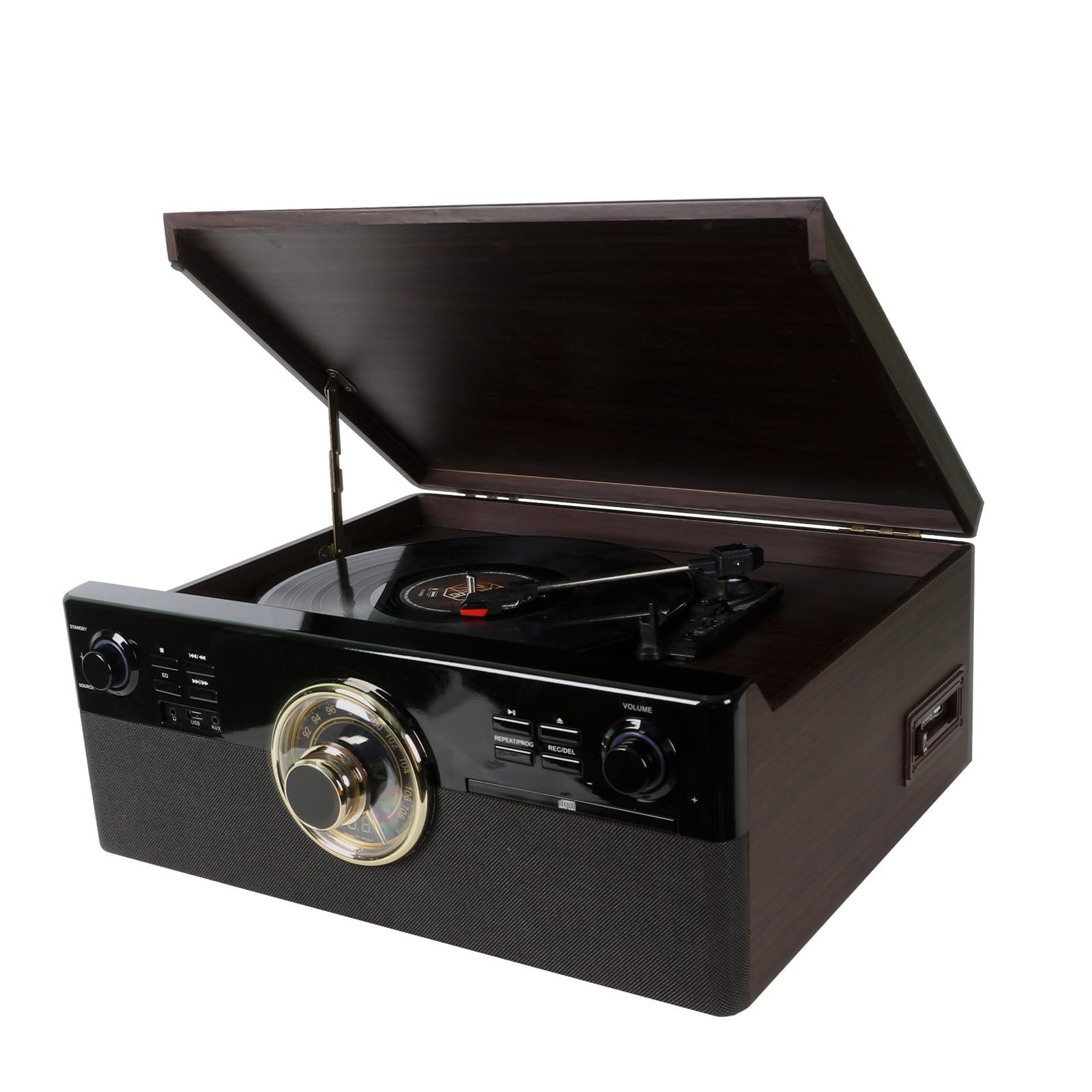 10-in-1 Vintage Bluetooth Turntable with Speakers - 3-Speed Vinyl Record Player, CD Player, Cassette Tape Deck, FM Radio, USB Playback & Recording | Aux-in, Line-Out, Headphone Jack | Perfect for Home Entertainment, Retro Music Lovers & Gift Giving