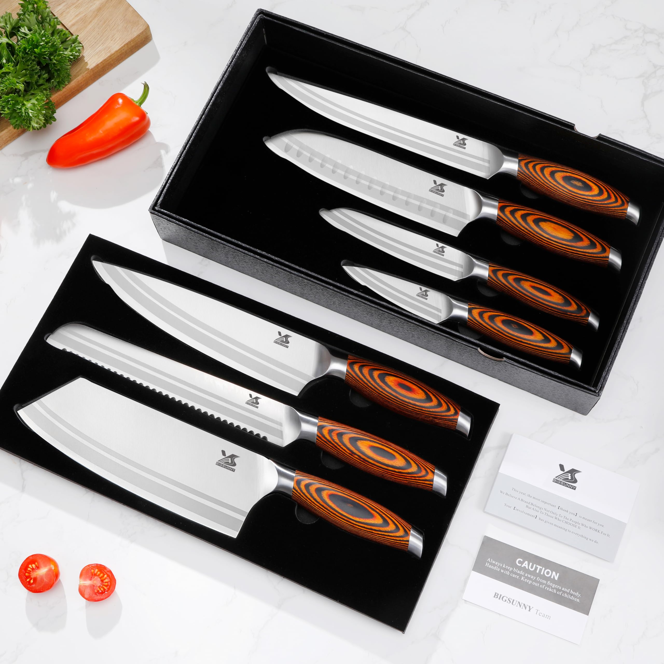 MSY BIGSUNNY 7-Piece Professional Kitchen Knife Set - German Stainless Steel Chef Knives with Pakkawood Handle - Sharp Cutlery Set for Cooking, Slicing & Dicing - Ideal Gift for Home Chefs & Culinary Enthusiasts