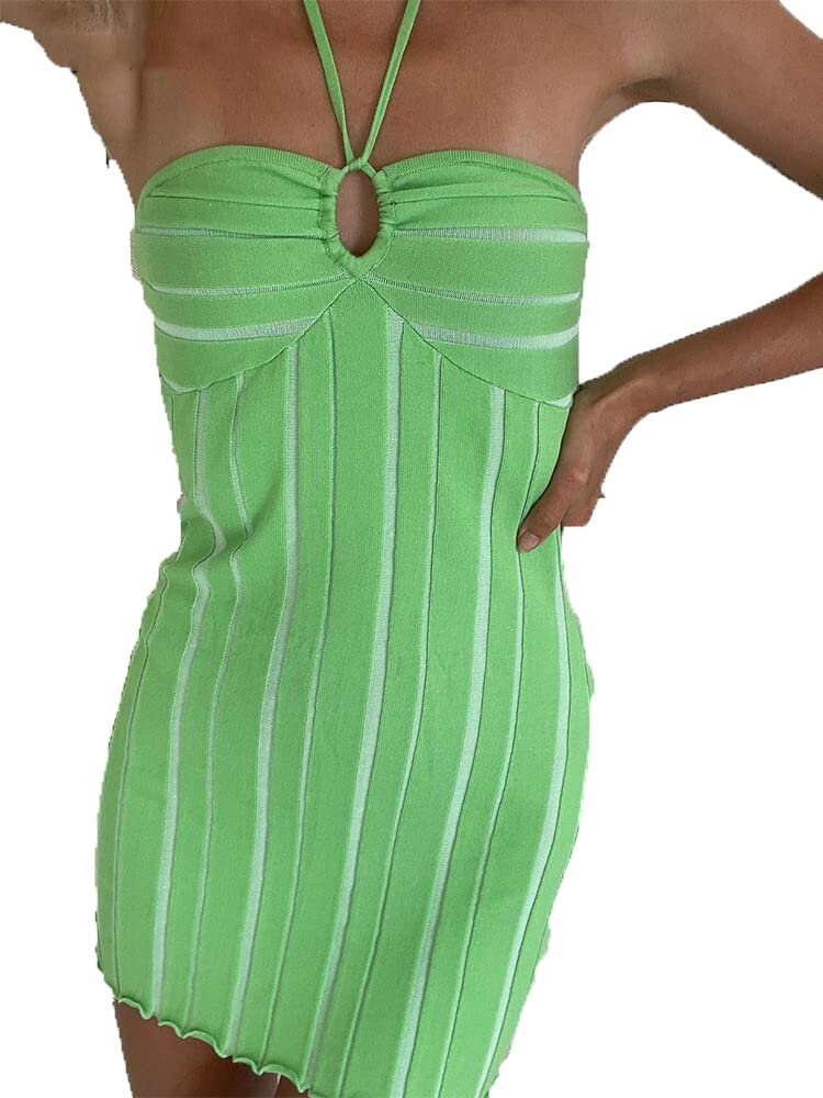 Y2K Mini Backless Bodycon Dress for Women - Sexy Halter Neck Sleeveless Knitted Party Dress, Beach Summer Dress (Green, Size S) | Perfect for Club Nights, Vacations & Date Nights