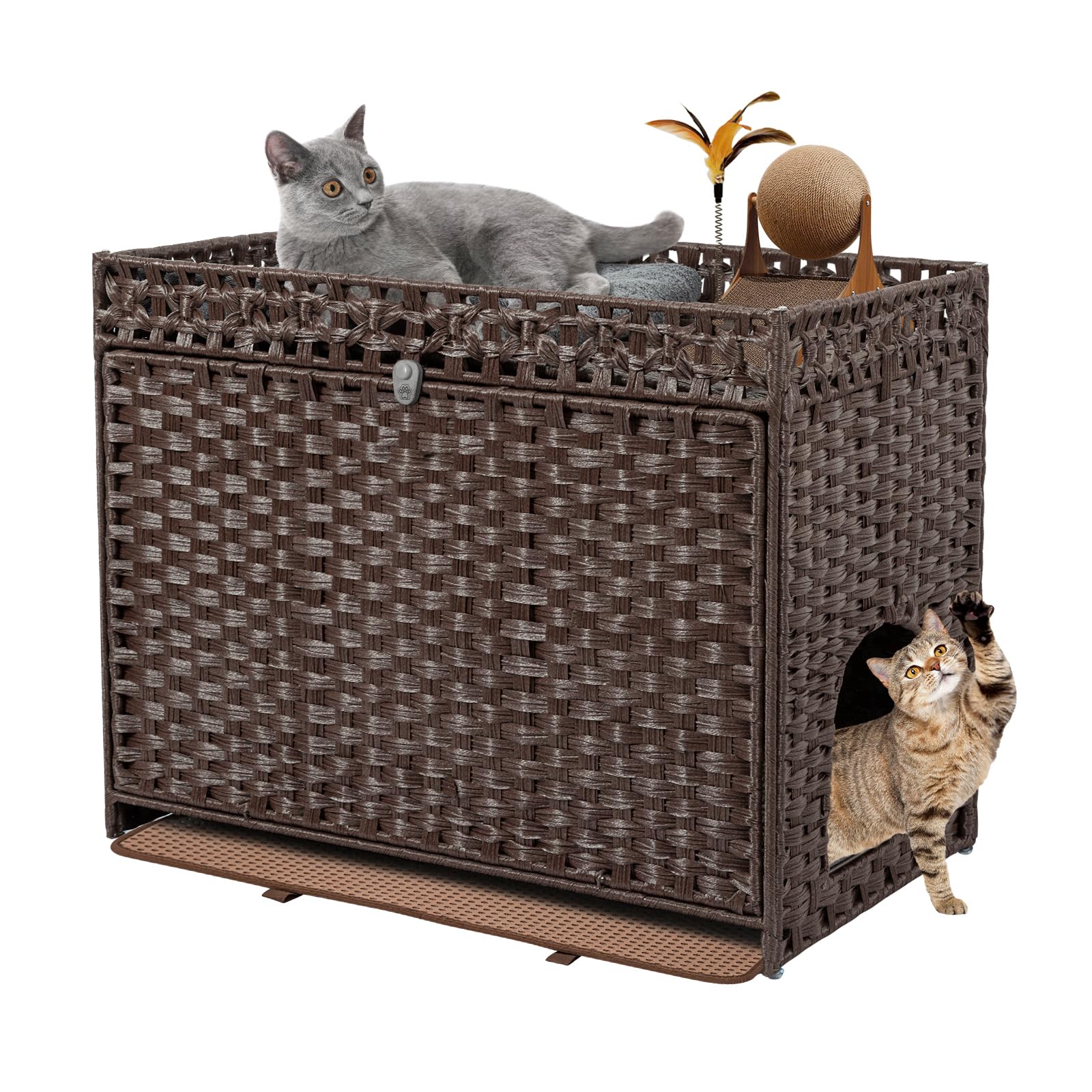 Hidden Cat Litter Box Enclosure Furniture - Handwoven Rattan Pet House with Door for Large Cats | Indoor Washroom Storage Box with Soft Litter Mat | Brown | Perfect for Home Decor & Odor Control