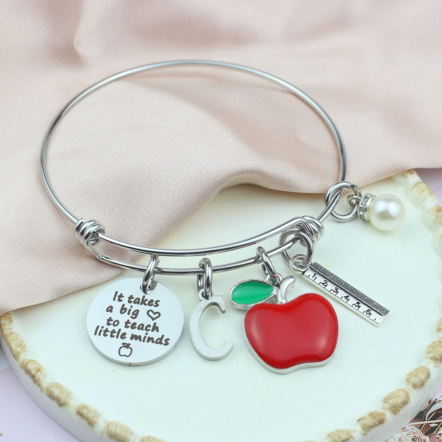 Scwasen Initial Teacher Bracelet for Women - Heart Shaped Teacher Appreciation Gift with 'It Takes a Big Heart to Teach Little Minds' Engraving - Thank You Bangle Bracelet for Teachers Day, Birthday, Retirement - Perfect for Classroom Gifts & Special Occasions