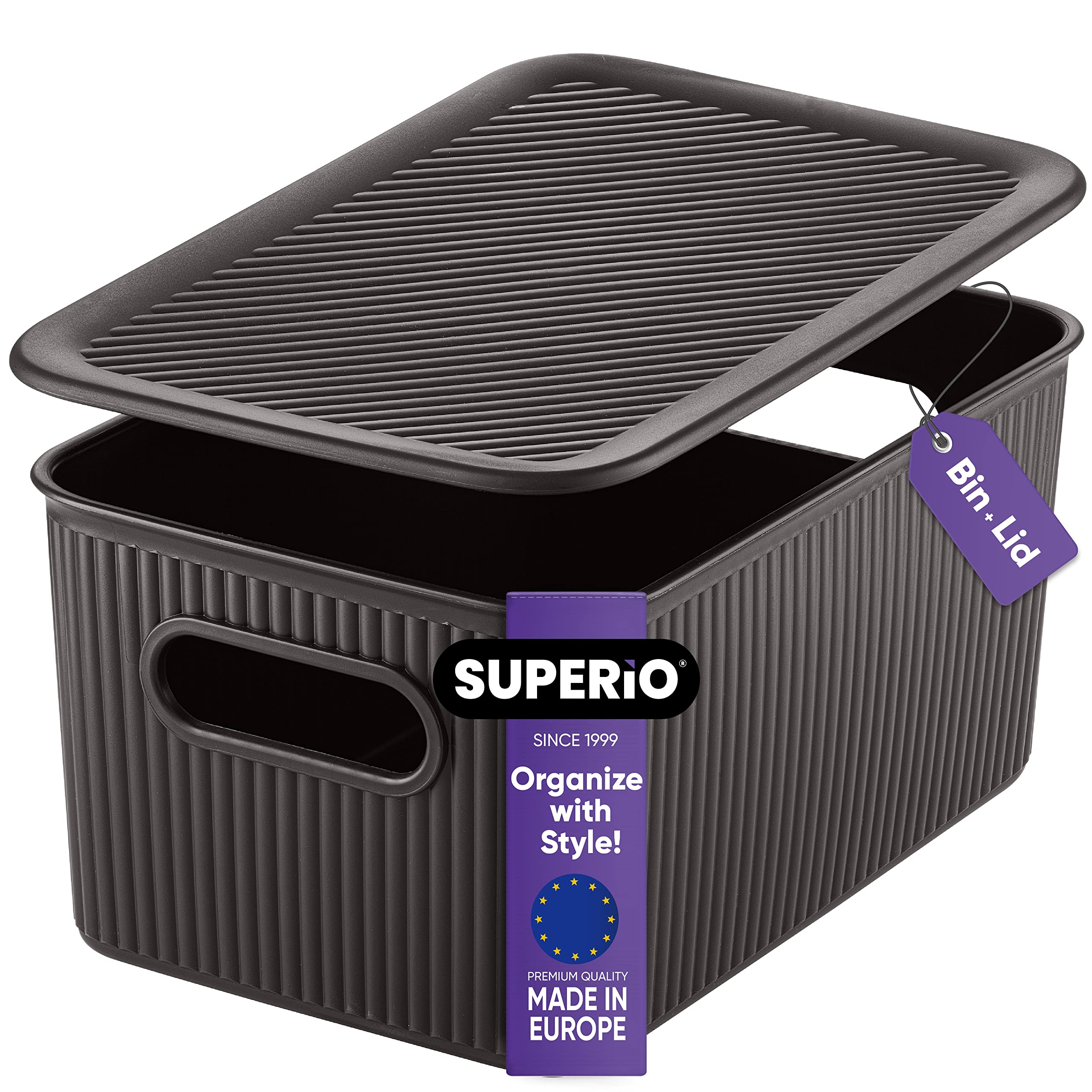 Superio Ribbed Collection - 5L Decorative Plastic Storage Bins with Lids, Medium Brown (1-Pack) - Stackable Home Organizer Baskets for Closet, Shelf, Drawer & Cabinet Organization - Perfect for Bedroom, Bathroom & Office Storage