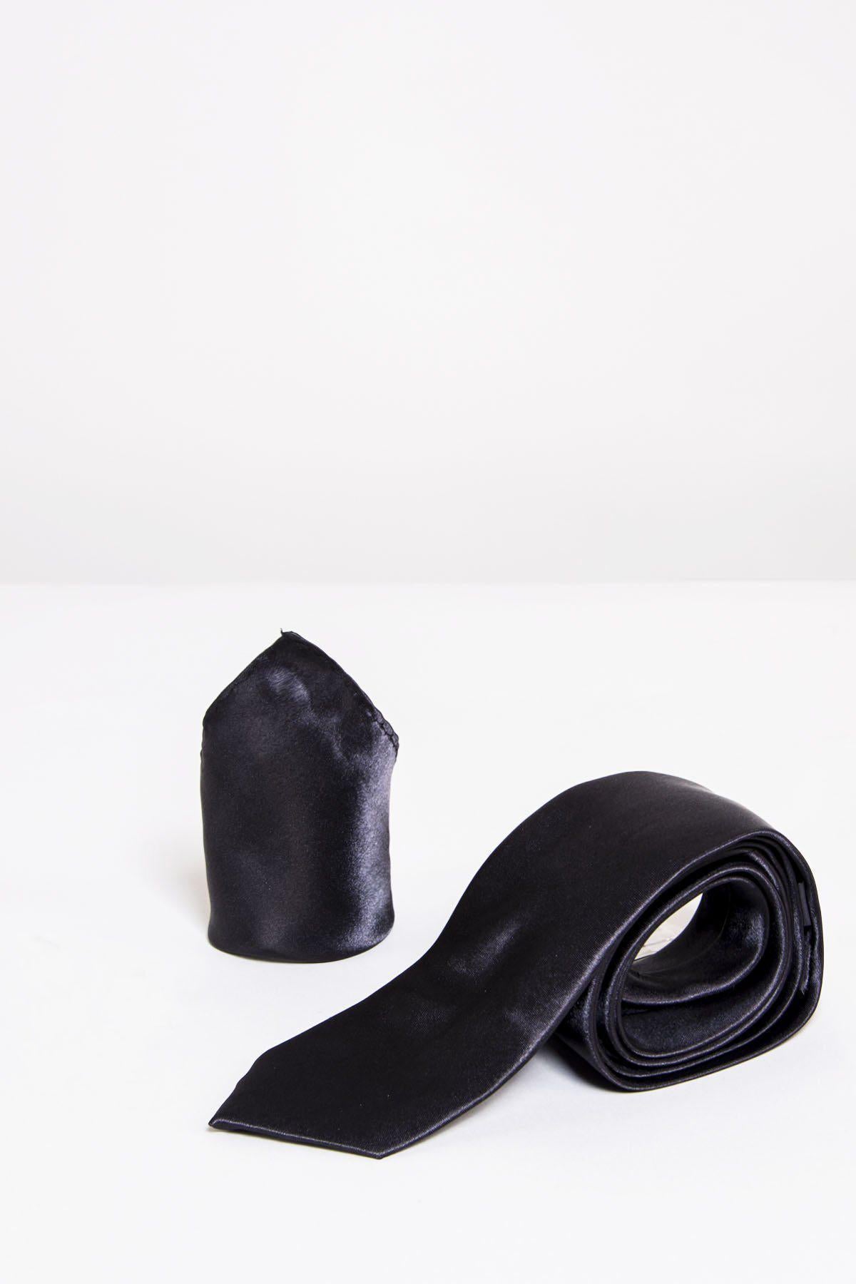 STANLEY Black Satin Tie and Pocket Square Set for Men - Premium Formal Accessories for Weddings, Business Meetings & Special Occasions