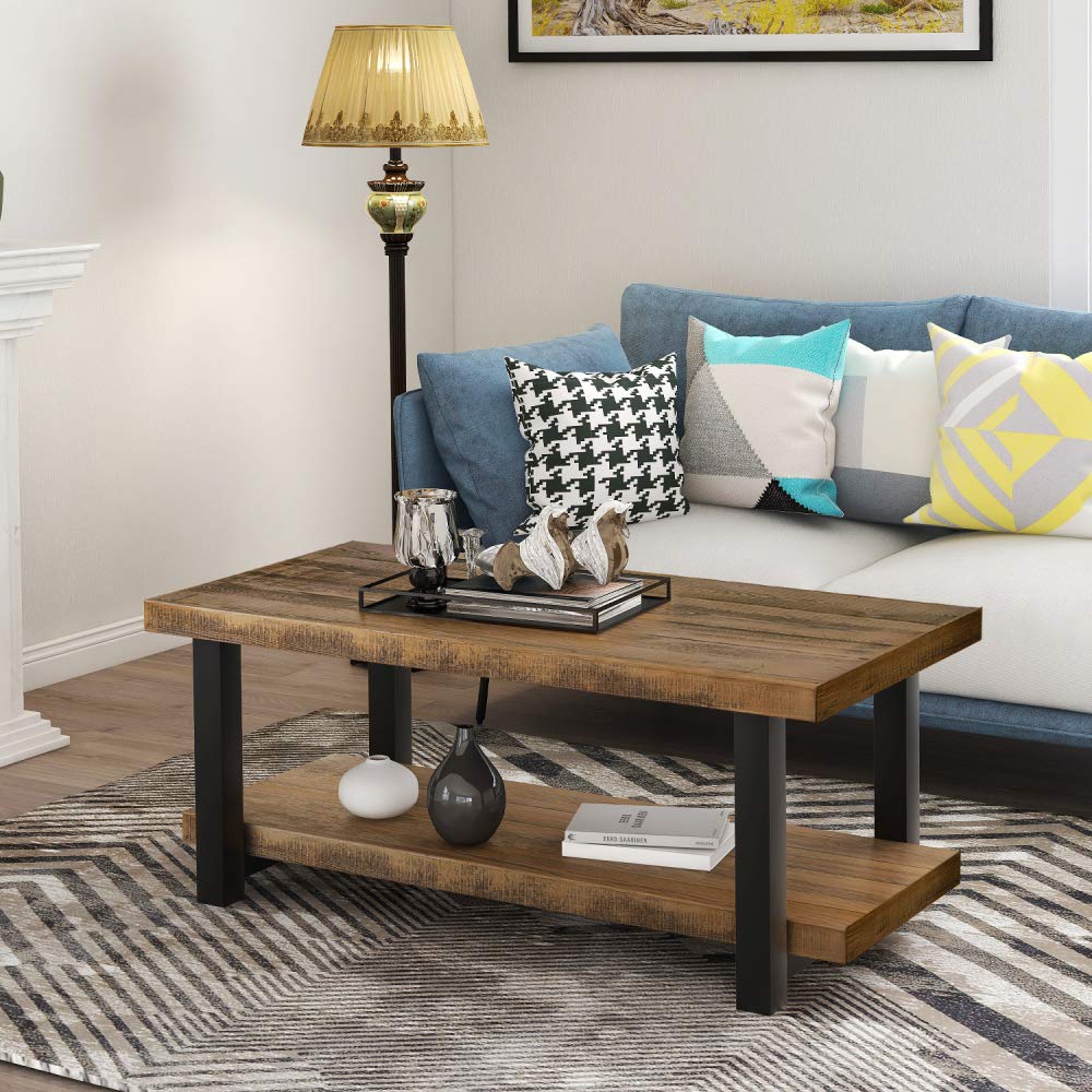 Oeey Industrial Coffee Table with Storage Shelf - Rustic Rectangular Sofa Table for Living Room, Easy Assembly Cocktail Table - Perfect for Small Spaces, Apartments & Modern Farmhouse Decor
