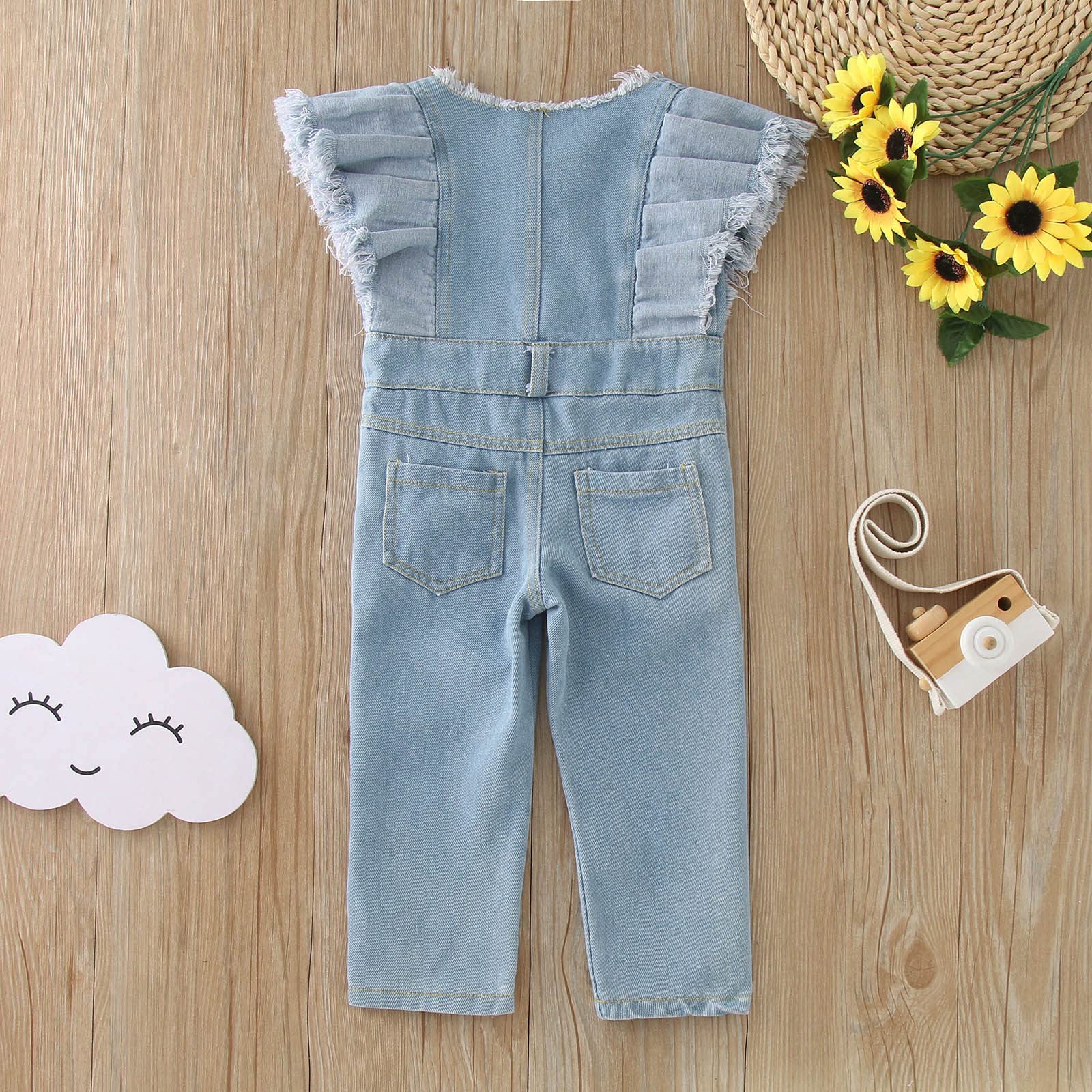 Girls' Denim Jumpsuit with Flying Sleeves - Summer Toddler Romper in Solid Blue | Zipper Front Outwear for 3-4 Years | Perfect for Playdates, Park Outings & Casual Wear