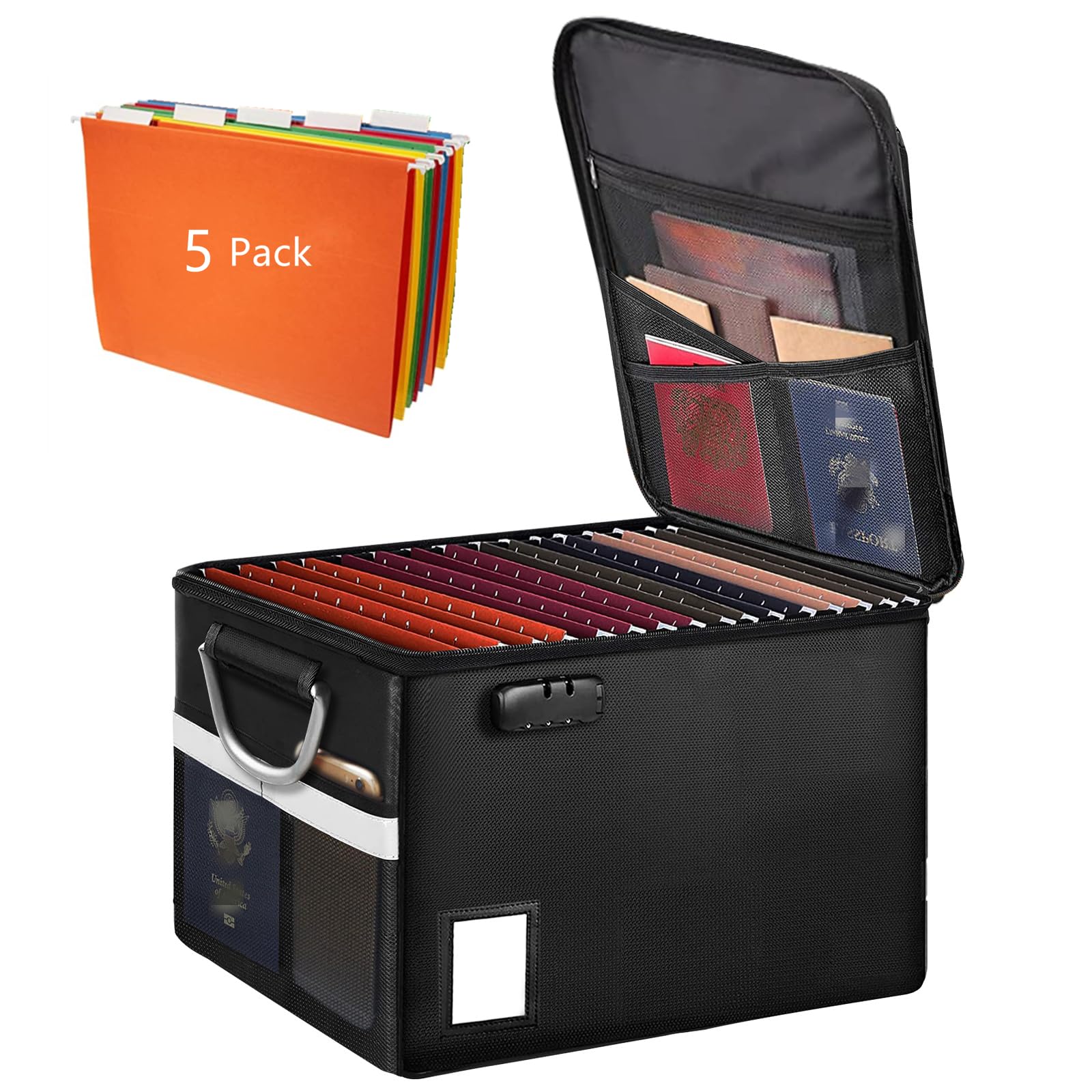 Fireproof Document Box with Lock - 5 Pack Hanging File Folders (Letter Size) | Portable File Cabinet Organizer with Handle | Secure Storage for Important Documents, Files & Certificates | Perfect for Home, Office & Emergency Preparedness