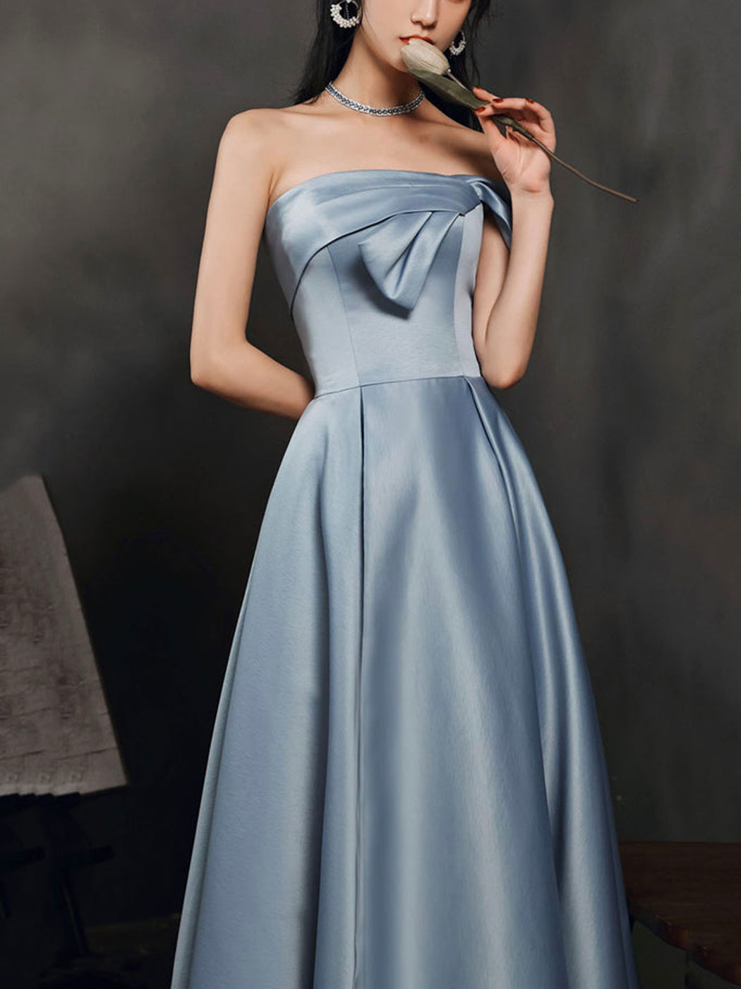 Elegant A-Line Satin Gray Blue Long Prom Dress & Bridesmaid Gown - Perfect for Formal Dances, Weddings, and Special Occasions