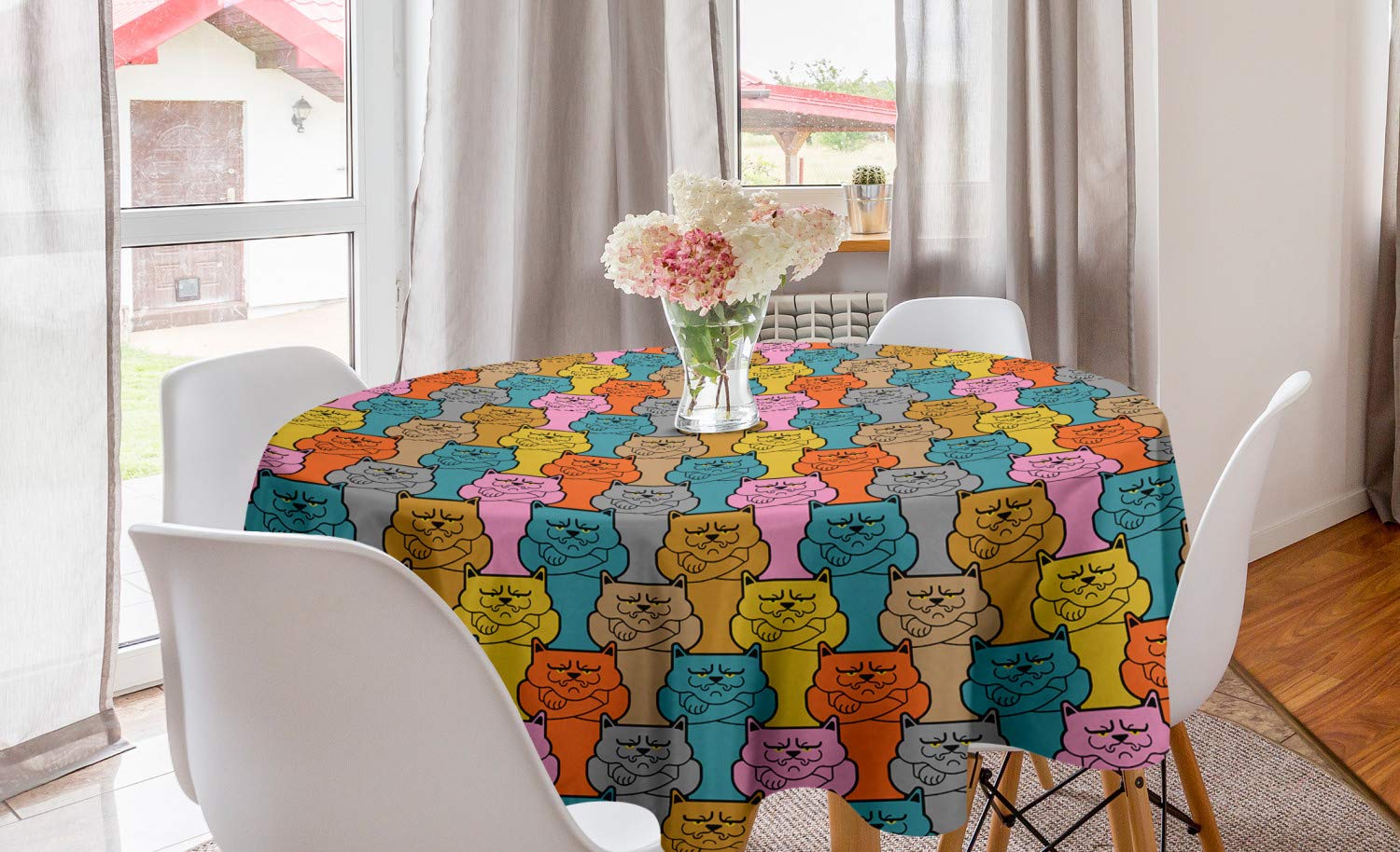 Ambesonne Funny Round Tablecloth - Colorful Grumpy Face Cats Cartoon Pattern, 60 Inch Circle Table Cover for Dining Room & Kitchen Decor | Perfect for Parties, Holidays & Themed Events