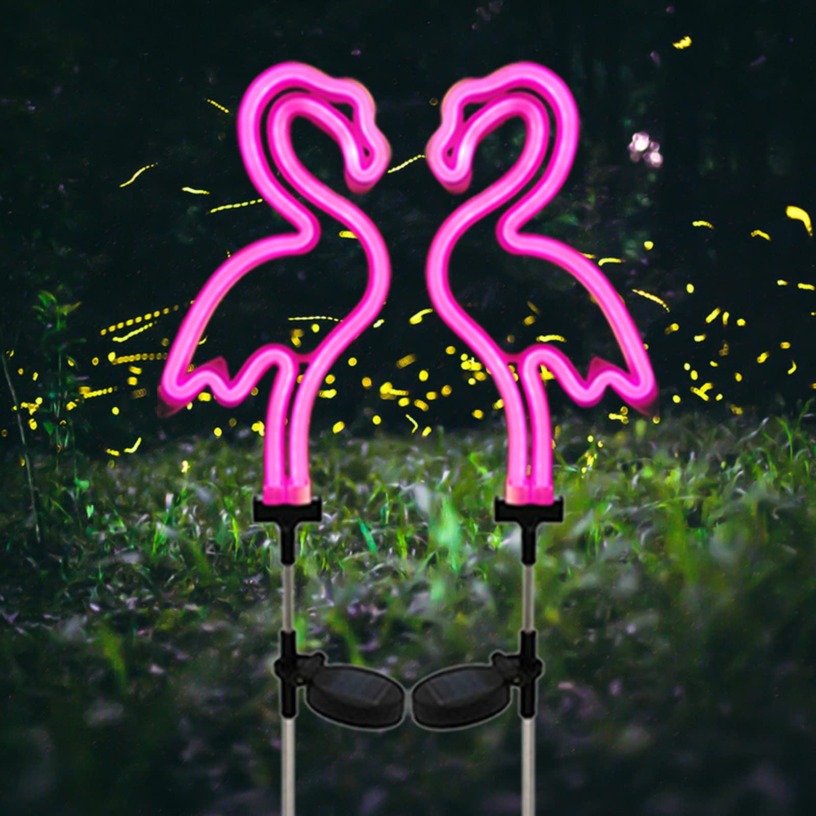 2PCS Neon Flamingo Solar Lights - Waterproof Outdoor Garden Decor, DIY Solar Powered Pathway Lighting for Patio, Lawn, Backyard, Walkway | Perfect for Summer Parties, Poolside & Landscape Decoration
