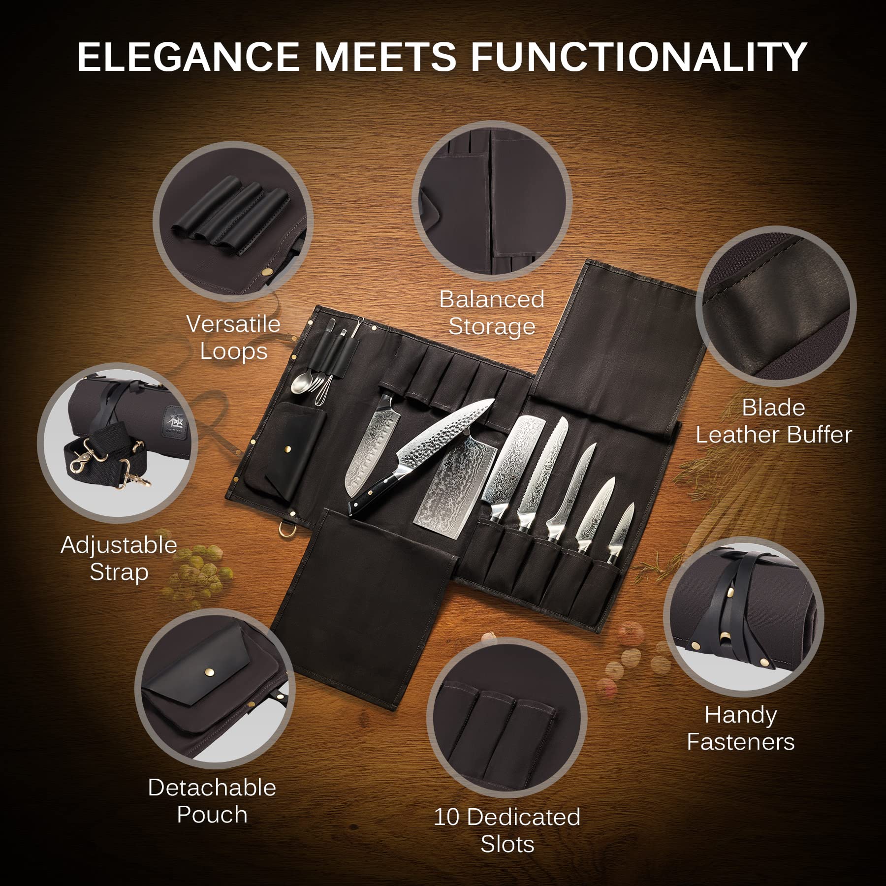 Premium KYOKU Chef Knife Roll Bag - 10-Slot Professional Knife & Utensil Holder with 3 Cutlery Pockets | Durable Oiled Leather & Waxed Canvas Travel Case with Adjustable Strap (Black) | Ideal for Chefs, Culinary Students & Professional Kitchens