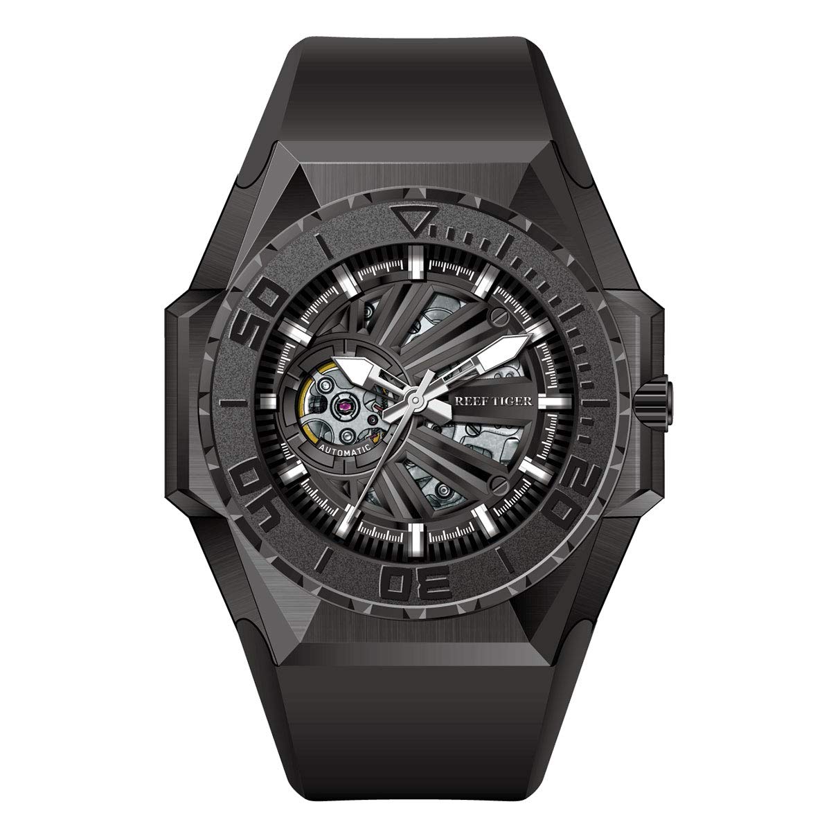 REEF TIGER Men's Military Dive Watch - Automatic Mechanical Skeleton Watch with Rubber Strap RGA6903-S | Waterproof Tactical Watch for Outdoor, Swimming & Daily Wear