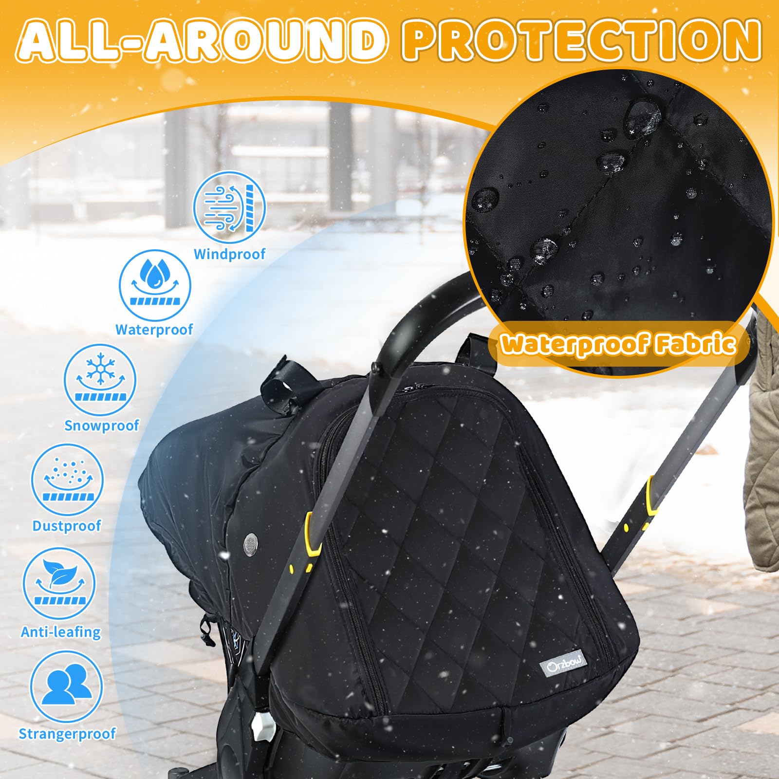 Orzbow Winter Baby Car Seat Cover - Front Zipper Door, Breathable & Waterproof Canopy for Rain, Snow & Wind Protection - Machine Washable Black Car Seat Cover for Cold Weather - Perfect for Winter Travel & Outdoor Adventures with Baby