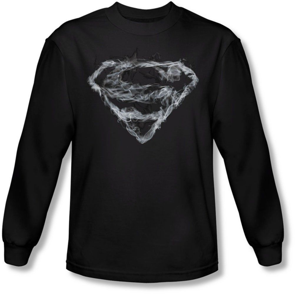 Superman Men's Long Sleeve Smoking Shield Shirt - Black | Superhero Graphic Tee for Cosplay, Halloween & Casual Wear