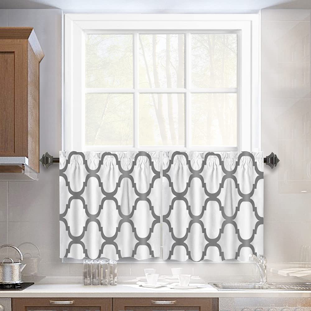 Melodieux Set of 2 Moroccan Style Tier Curtains - Geometric Lattice Design, Rod Pocket for Kitchen, Cafe & Bathroom - 24 Inch Length, Off White/Grey - Perfect for Small Windows, Home Decor & Boho Chic Interiors